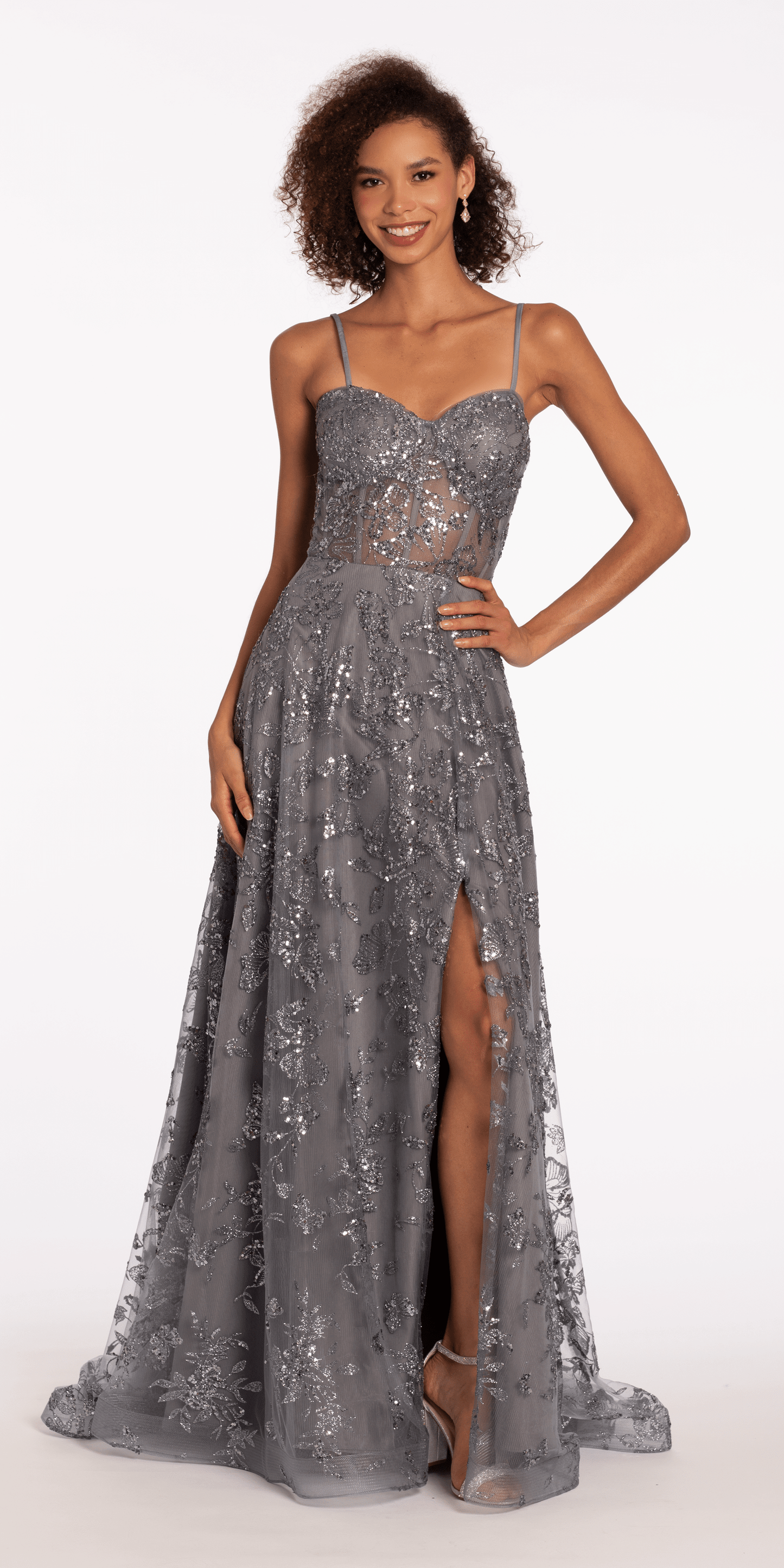 Camille La Vie/ Glitter Sweetheart Corset A Line Dress with Detachable Sleeves /missy /size/ 2 /steel/alt