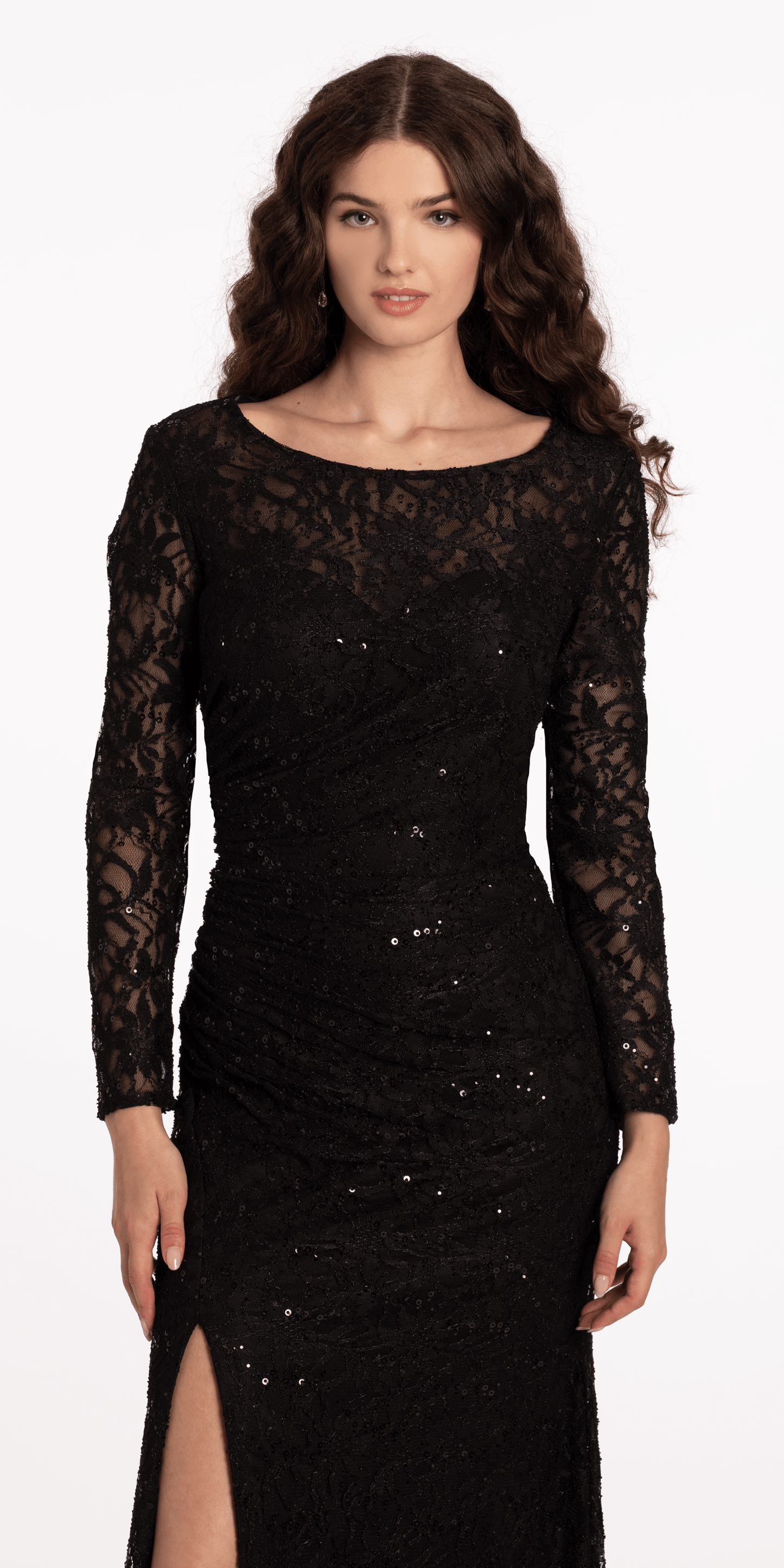 Camille La Vie/ Long Sleeve Sequin Lace Boatneck Trumpet Dress with Sweep Train /missy/ size/6 /black/ close up alt