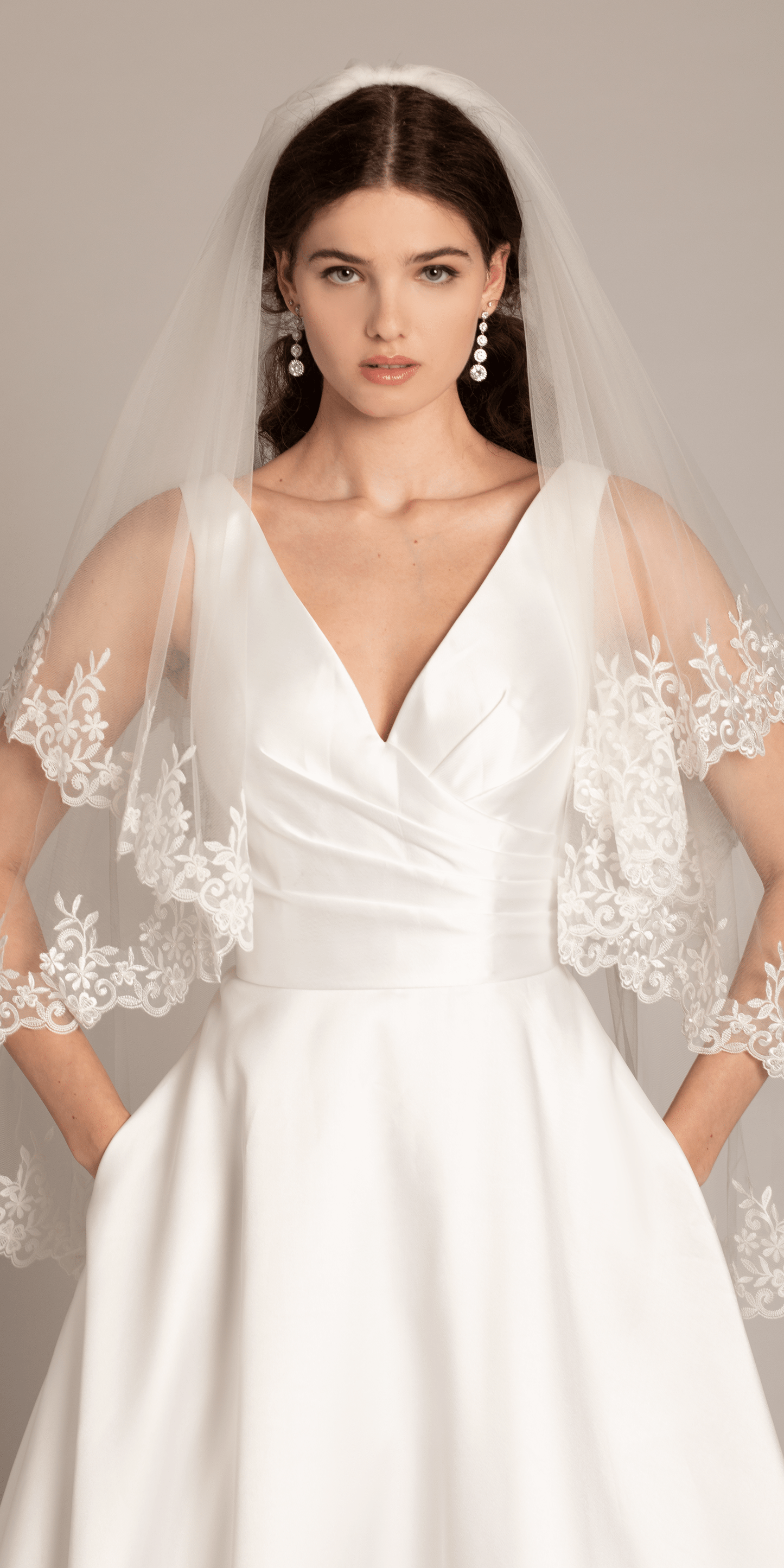 ivory/size/OS/Camille La Vie/2 Tier Mesh Fingertip Veil with Pearl Appliques/front 1