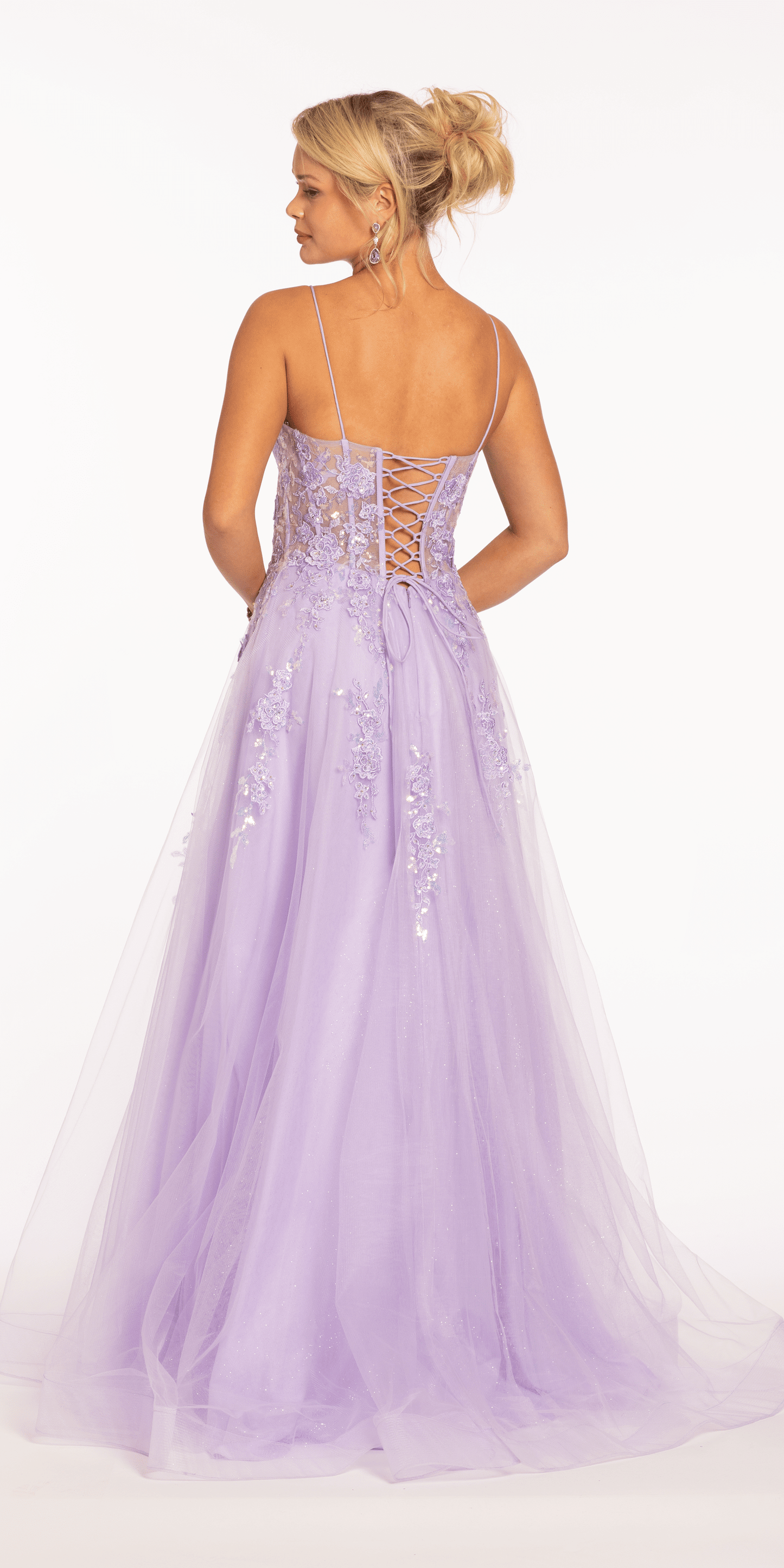 lilac/size/0/missy/Camille La Vie/Sweetheart Plunging Mesh Corset Ballgown with Embellished Appliques/back