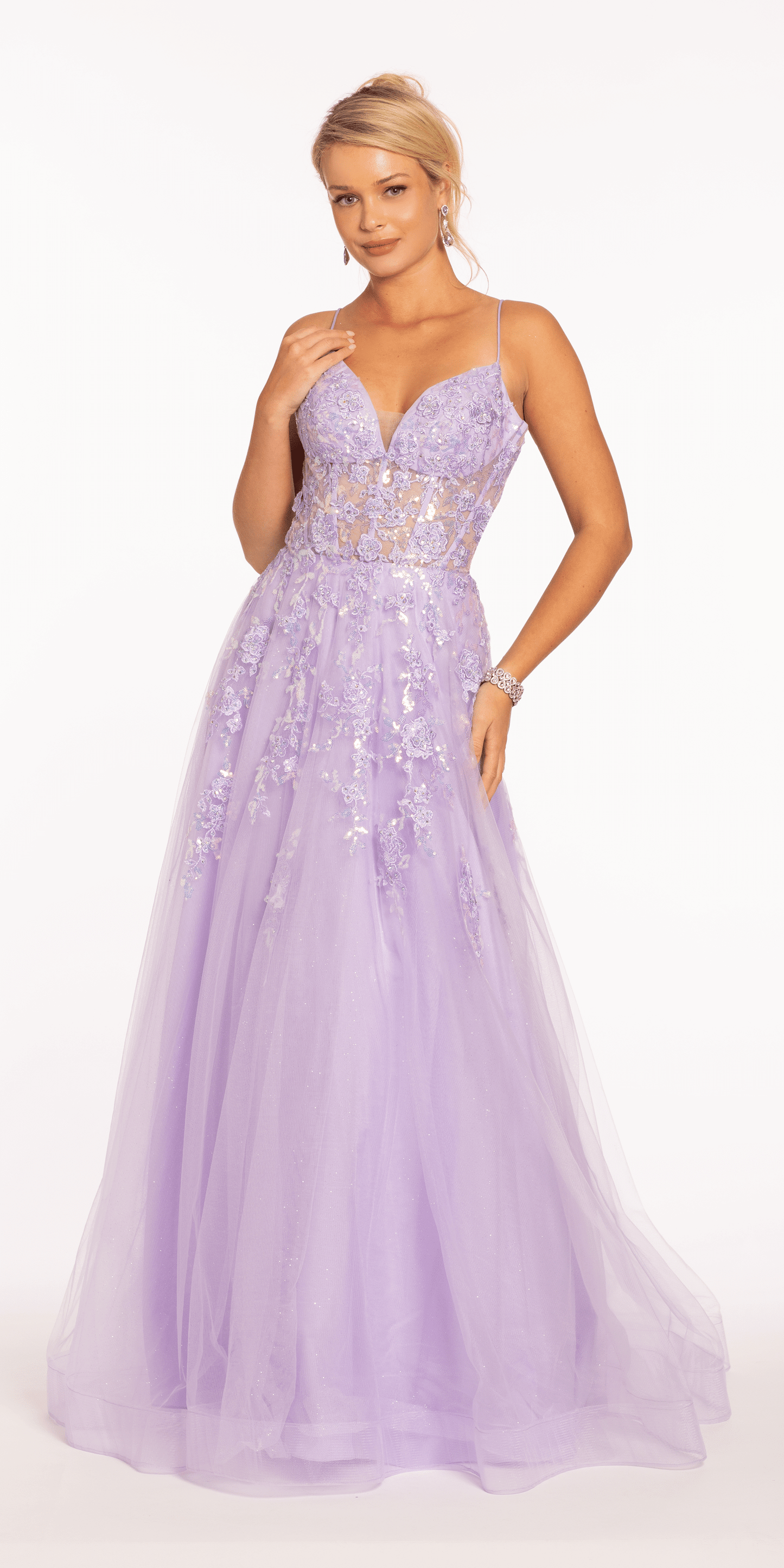 Camille La Vie /Sweetheart Plunging Mesh Corset Ballgown with Embellished Appliques /missy/ size/ 2/ lilac/front alt 2