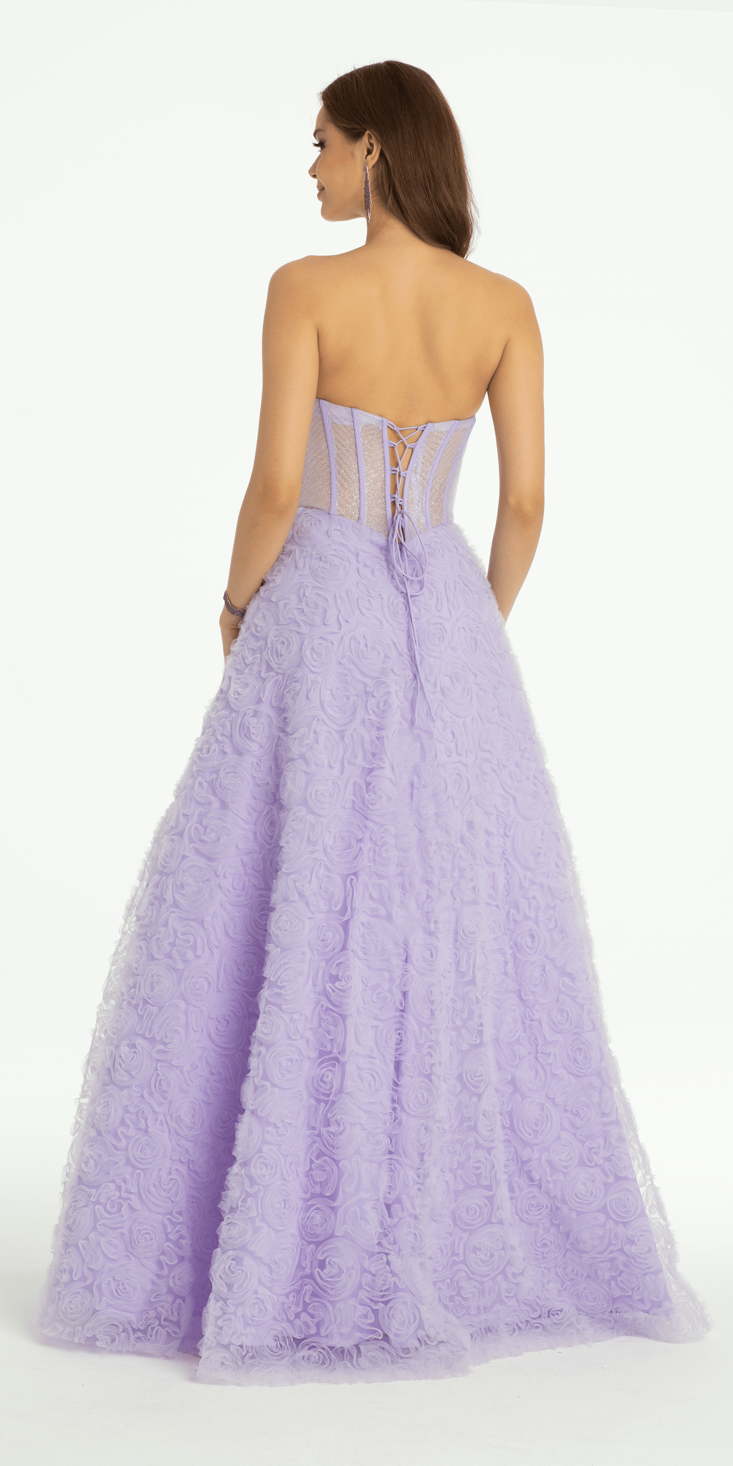 lilac Size 0 missy Camille La Vie Rosette Glitter Mesh Plunging Corset Ballgown