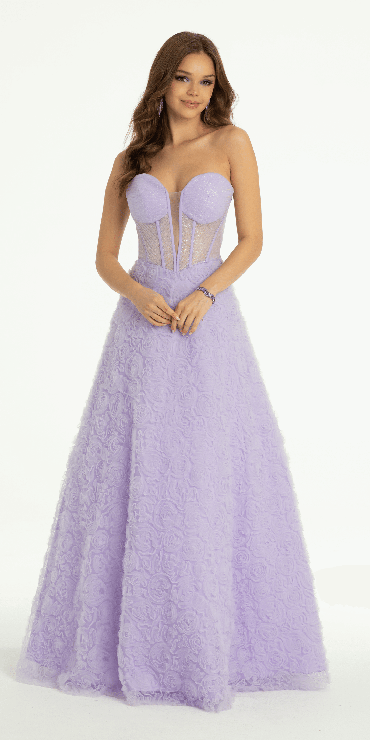 lilac/size/0/missy/Camille La Vie/Rosette Glitter Mesh Plunging Corset Ballgown/front