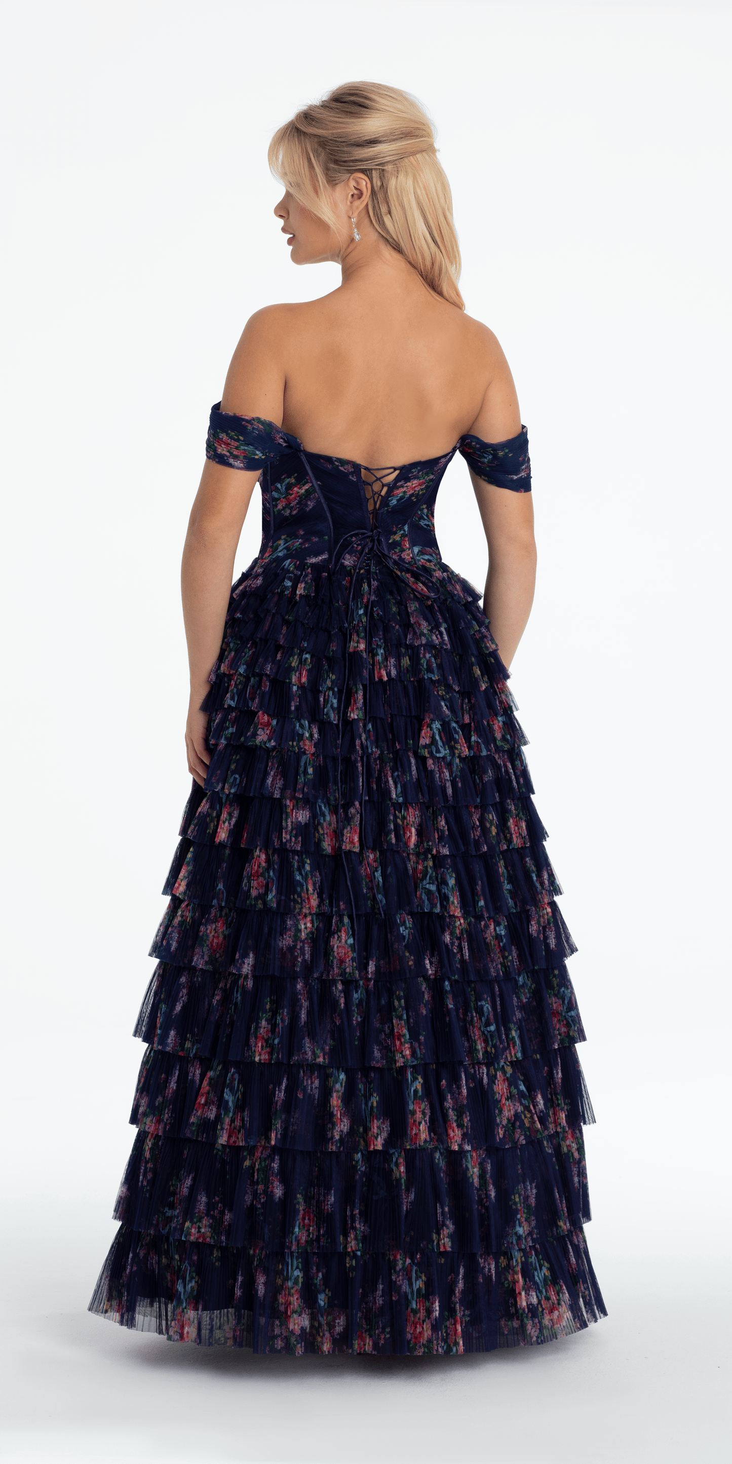 navy Size 0 missy Camille La Vie Print Mesh Off the Shoulder Tiered Corset Ballgown