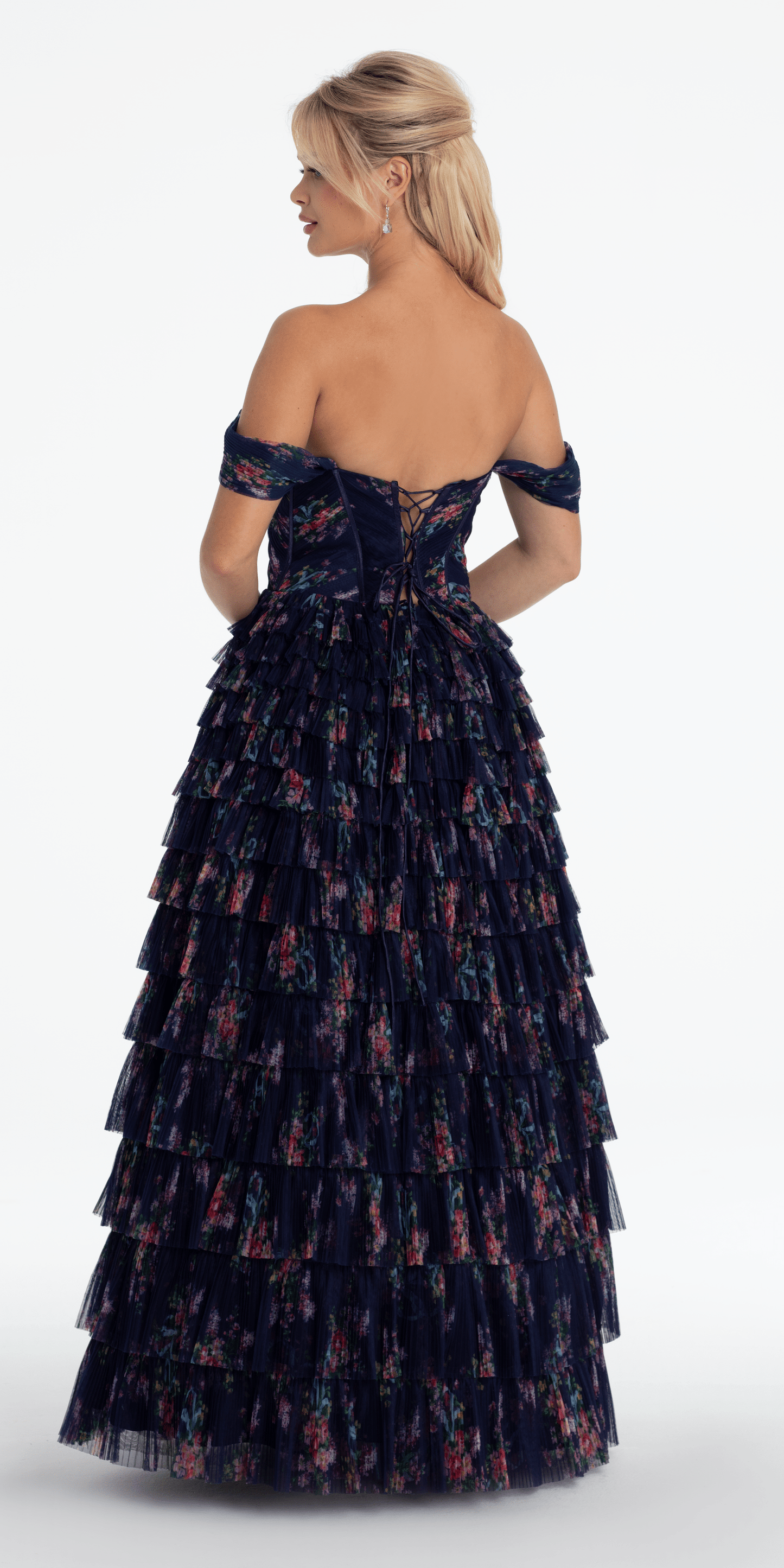 navy Size 0 missy Camille La Vie Print Mesh Off the Shoulder Tiered Corset Ballgown