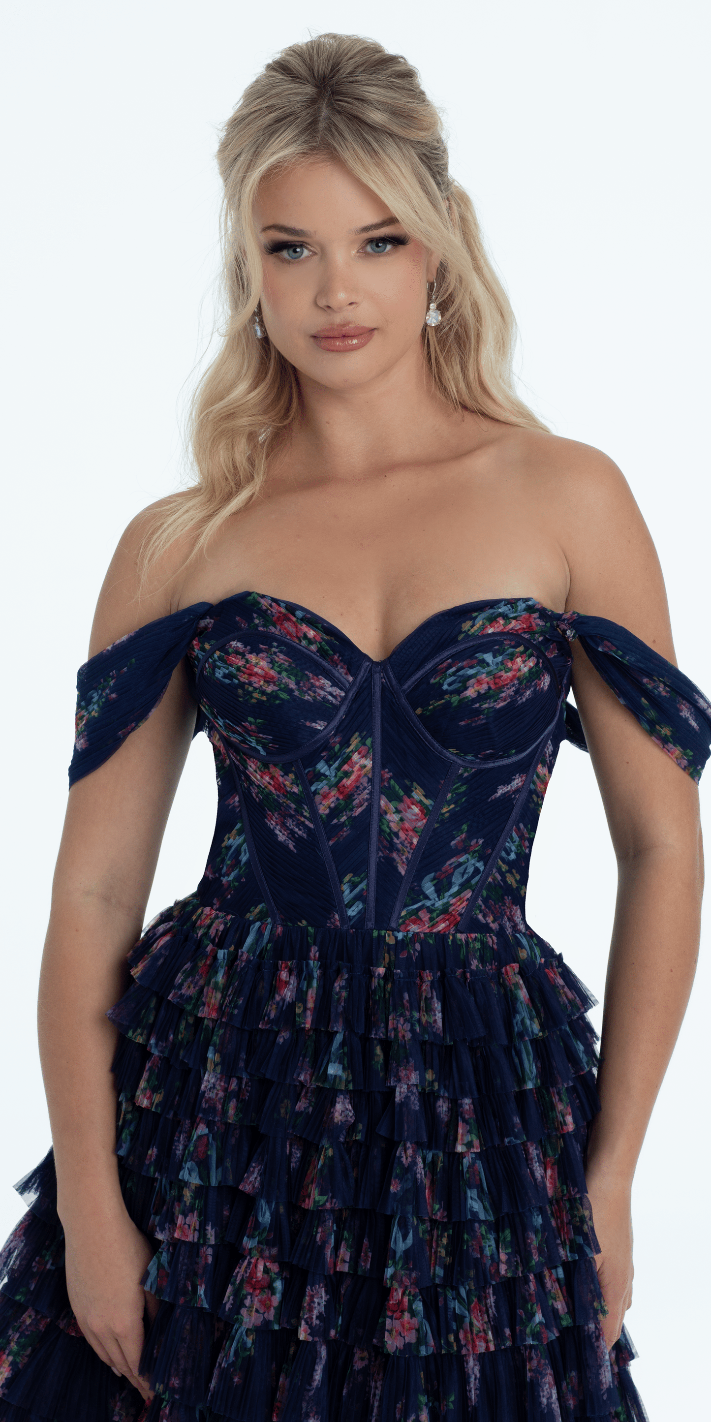 navy Size 0 missy Camille La Vie Print Mesh Off the Shoulder Tiered Corset Ballgown