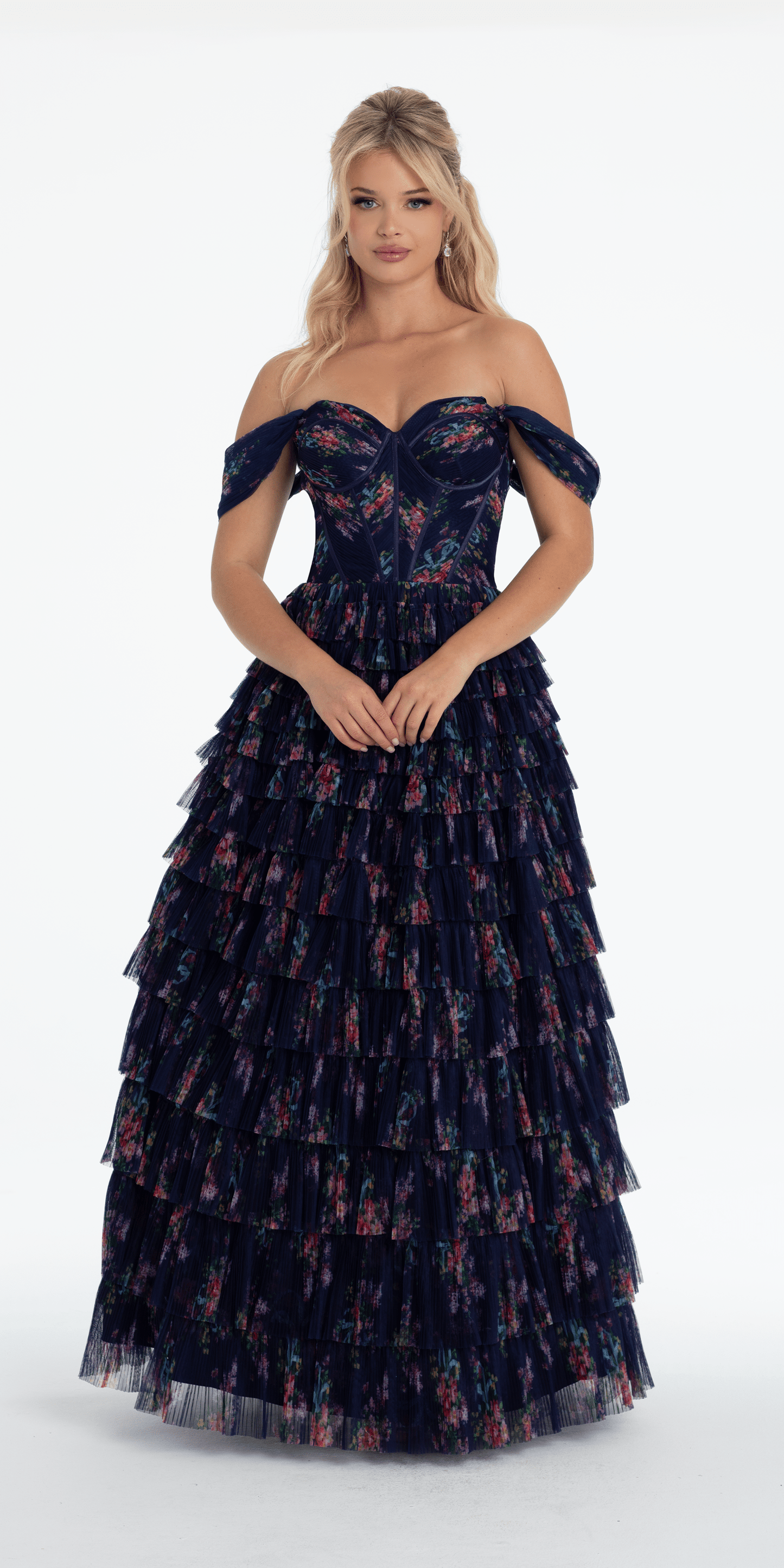 navy Size 0 missy Camille La Vie Print Mesh Off the Shoulder Tiered Corset Ballgown