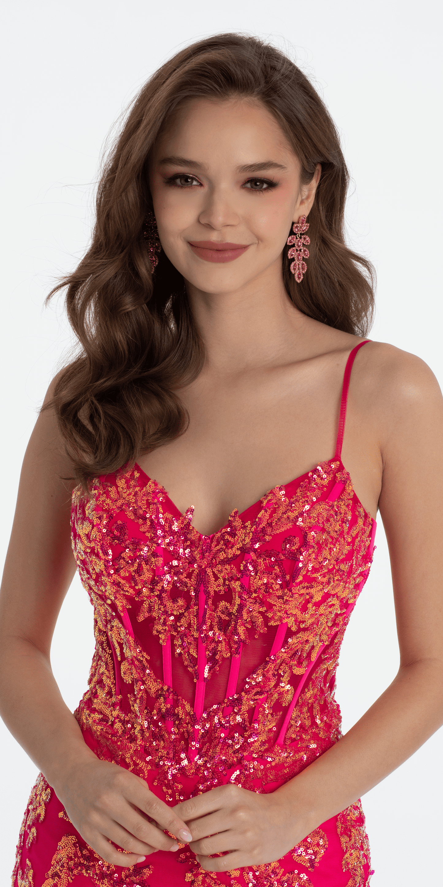 hot-pink Size 0 missy Camille La Vie Sweetheart Sequin Corset Tulle Mermaid Dress with Horse Hair Hem