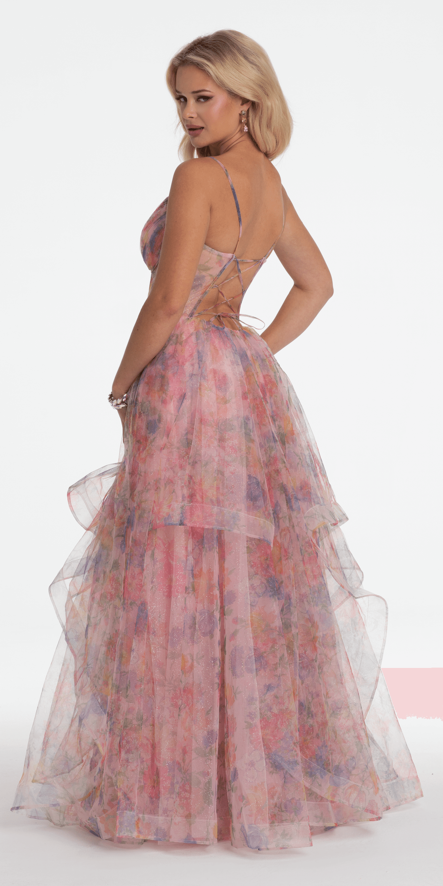 peach Size 00 missy Camille La Vie Floral Sweetheart Tiered Lace Up Back Corset Ballgown