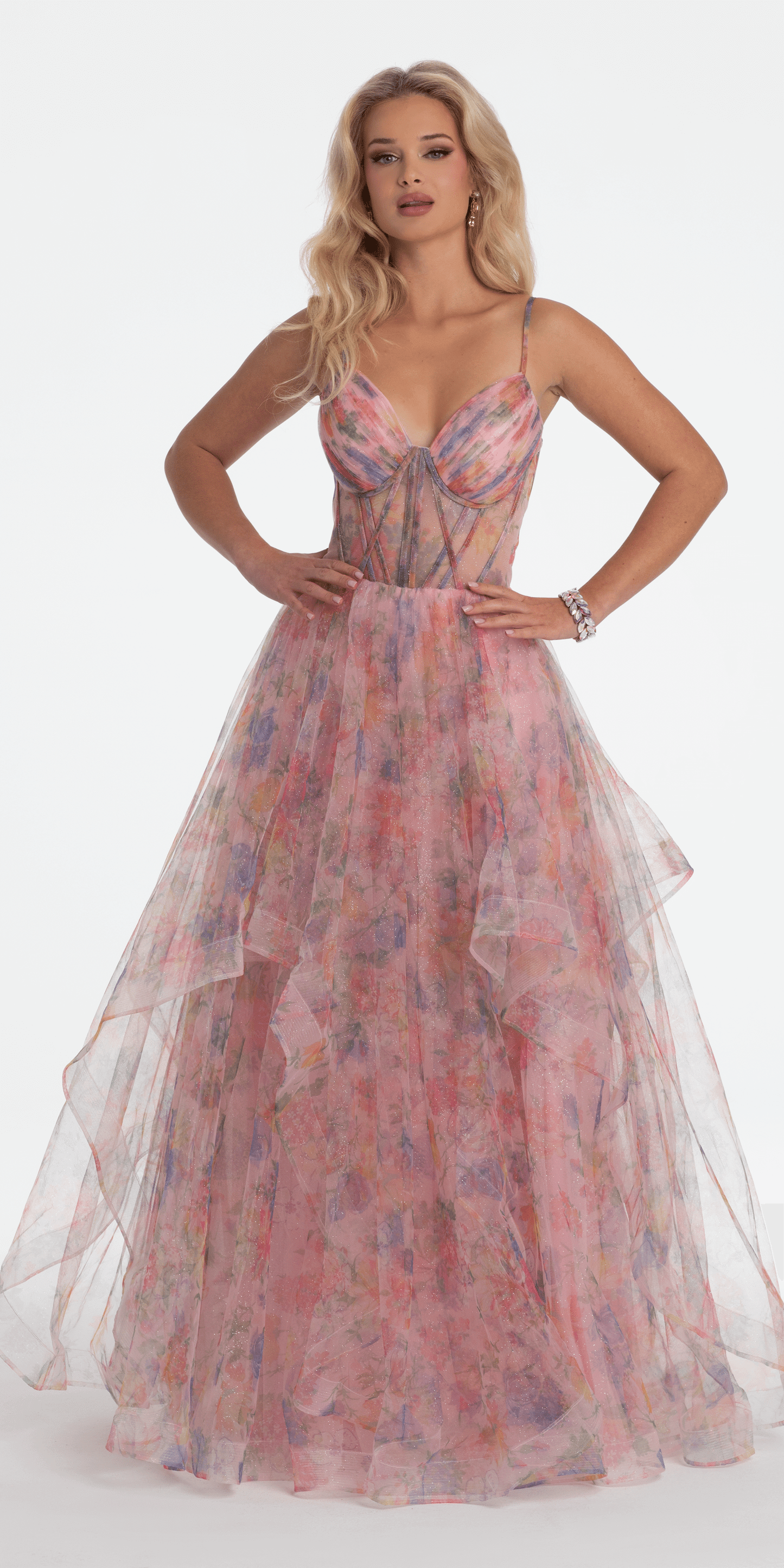 Camille La Vie Floral Sweetheart Tiered Lace Up Back Corset Ballgown