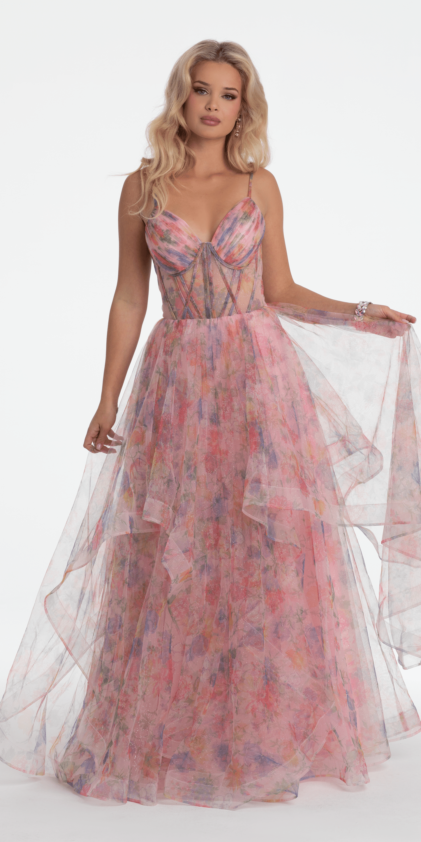 Camille La Vie/ Floral Sweetheart Tiered Lace Up Back Corset Ballgown /missy/ size /2 /peach/front alt