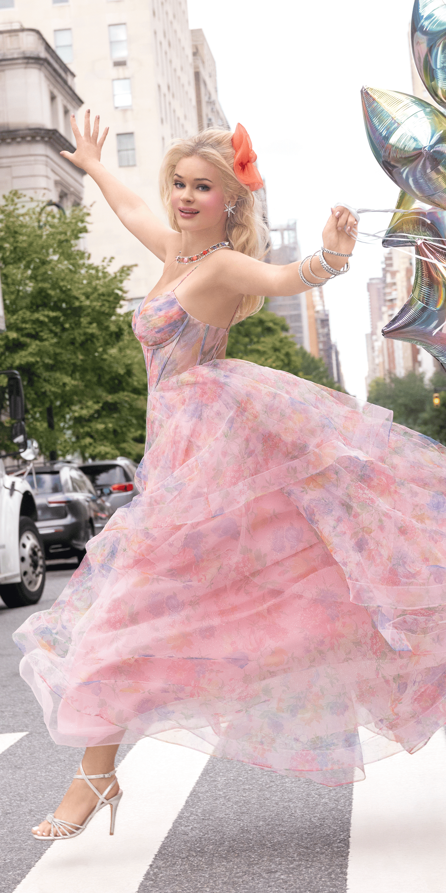Camille La Vie/ Floral Sweetheart Tiered Lace Up Back Corset Ballgown /missy/ size /2 /peach/lifestyle alt
