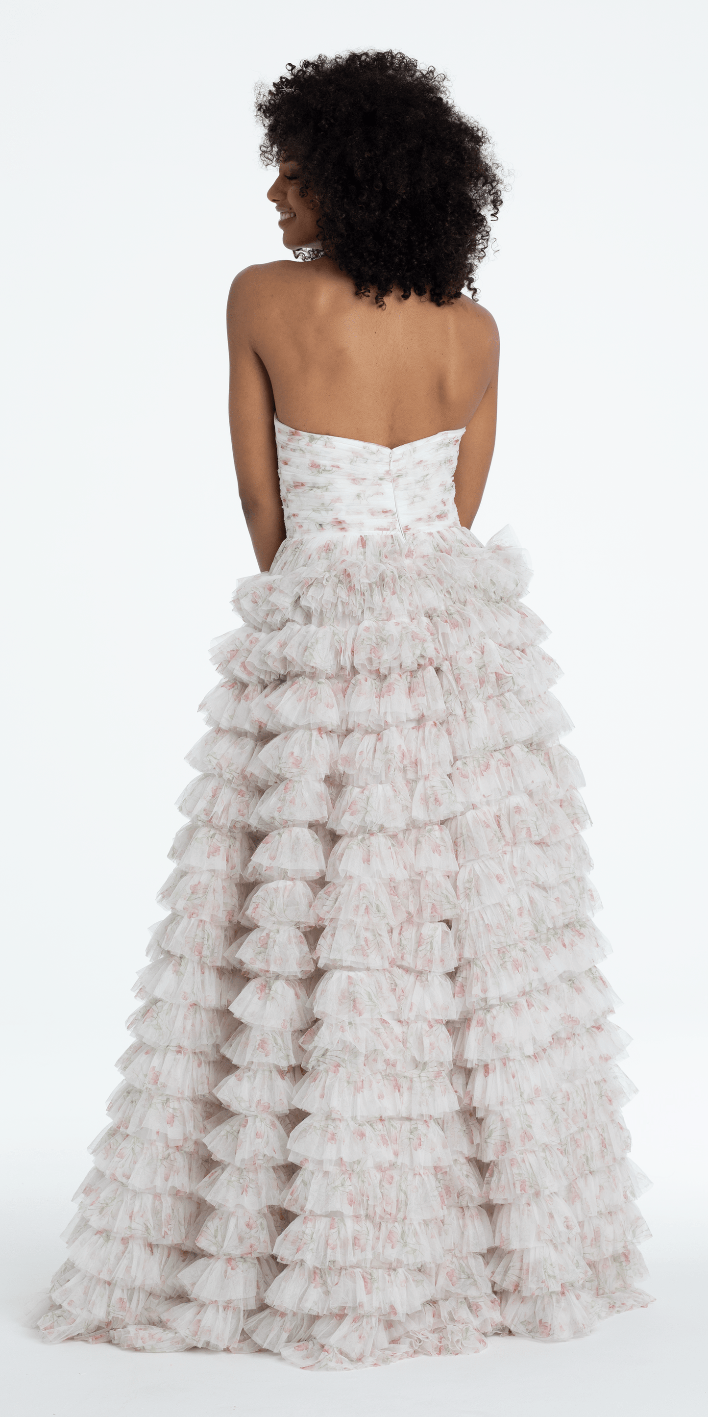 Camille La Vie /Sweetheart Triple Rose Peek-a-Boo Floral Mesh Tiered Ballgown/ missy /size /0/ ivory pink /back