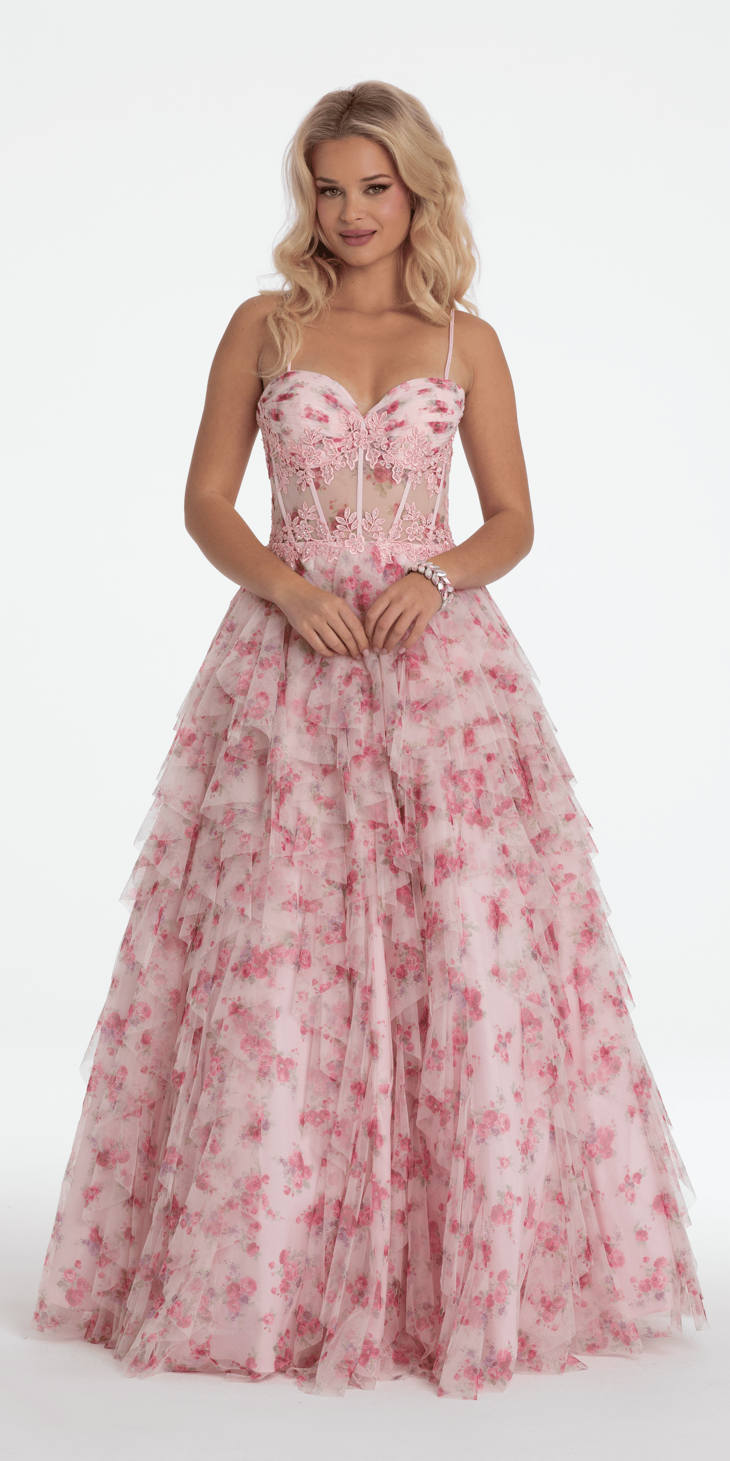 pink-multi Size 0 missy Camille La Vie Sweetheart Floral Embellished Corset Corkscrew Ballgown