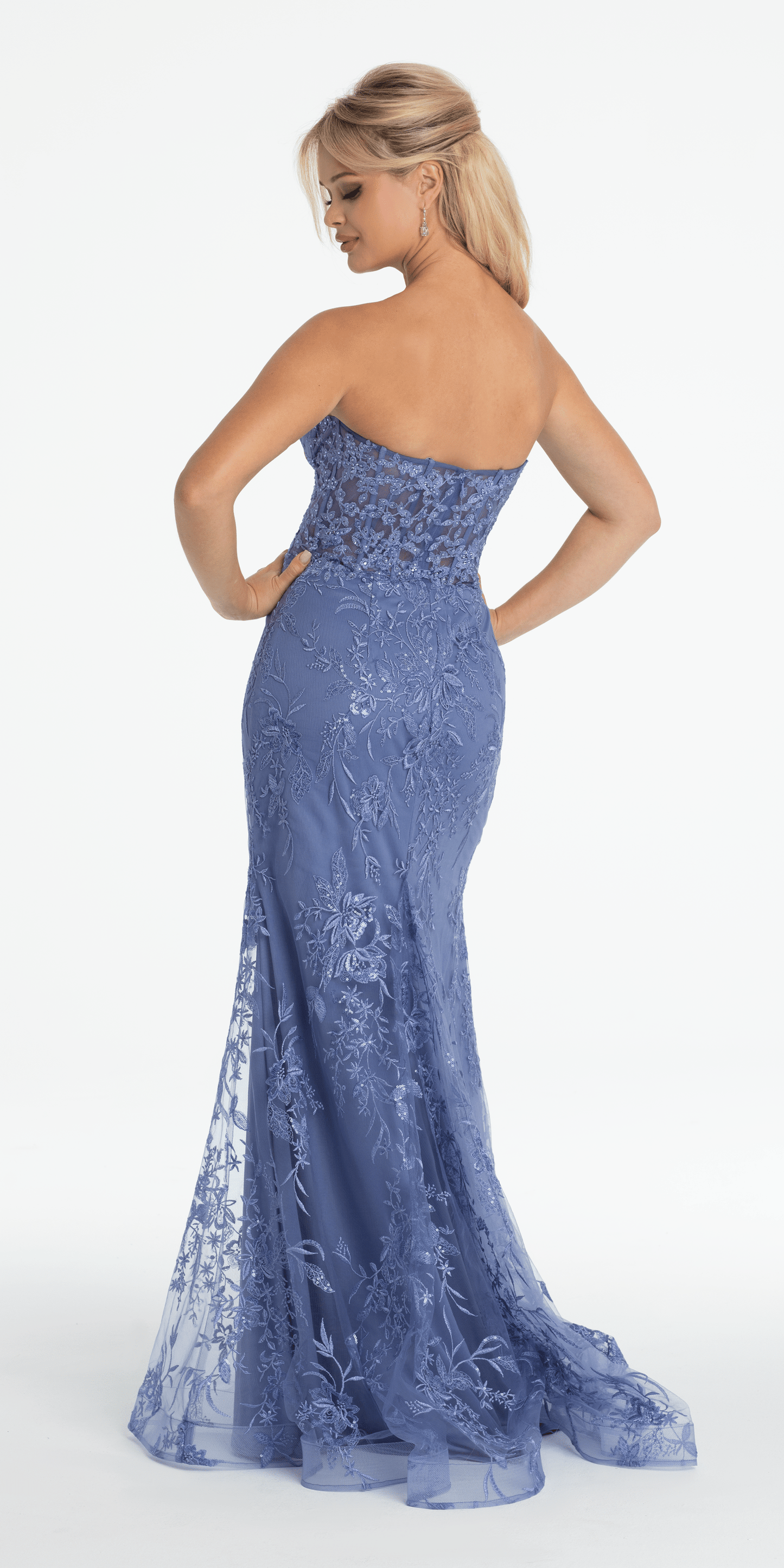 Camille La Vie/ Strapless Plunge Embroidered Tulle Mermaid Dress/ missy/ size/ 0/ periwinkle/back