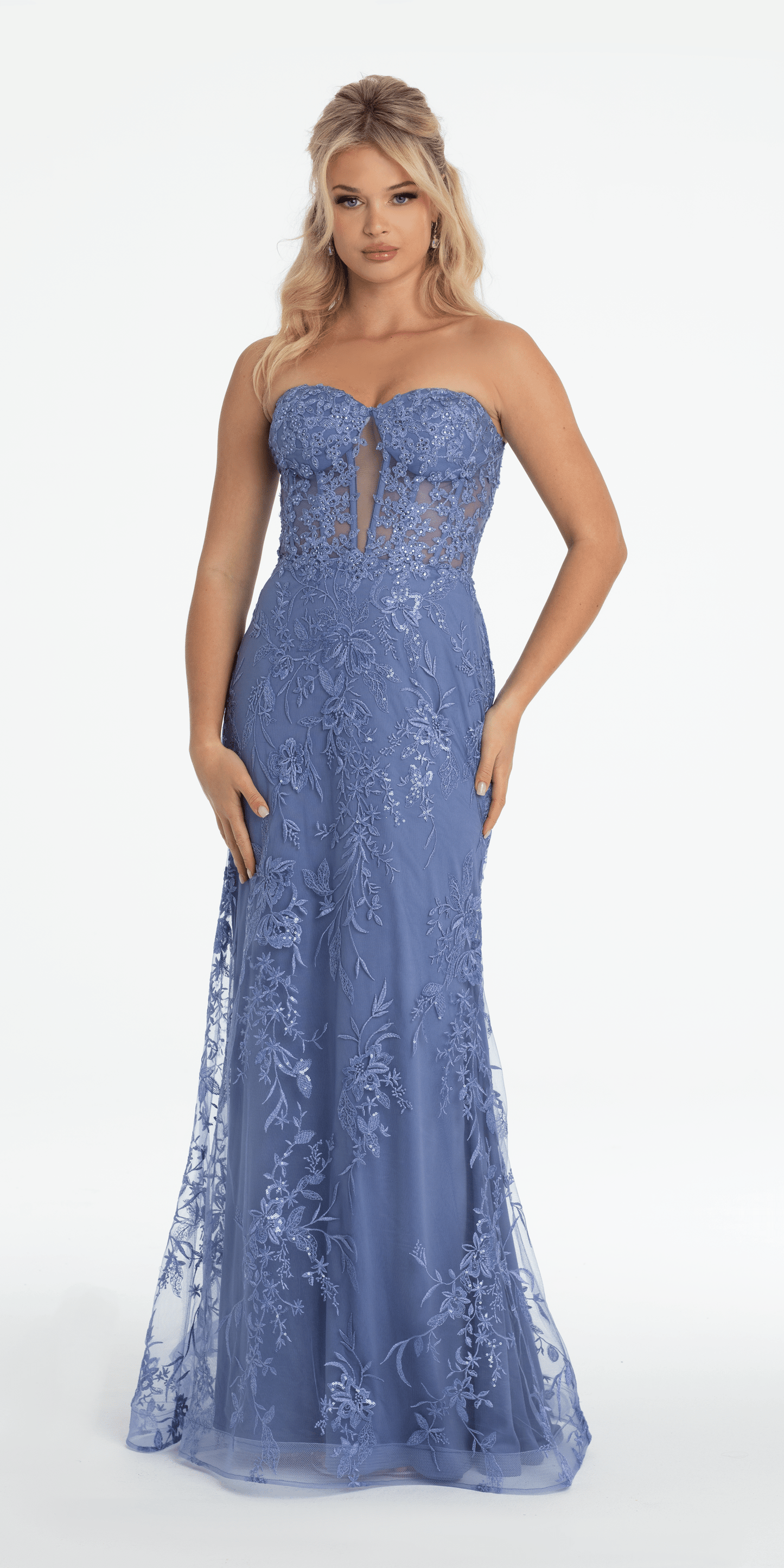 Camille La Vie/ Strapless Plunge Embroidered Tulle Mermaid Dress/ missy/ size/ 0/ periwinkle /front