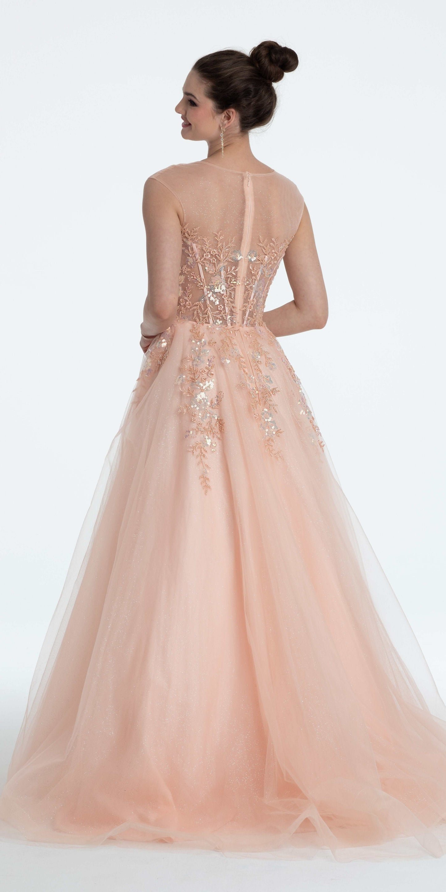 blush Size 2 missy Camille La Vie Sequin Embroidered Illusion Cap Sleeve Corset Ballgown