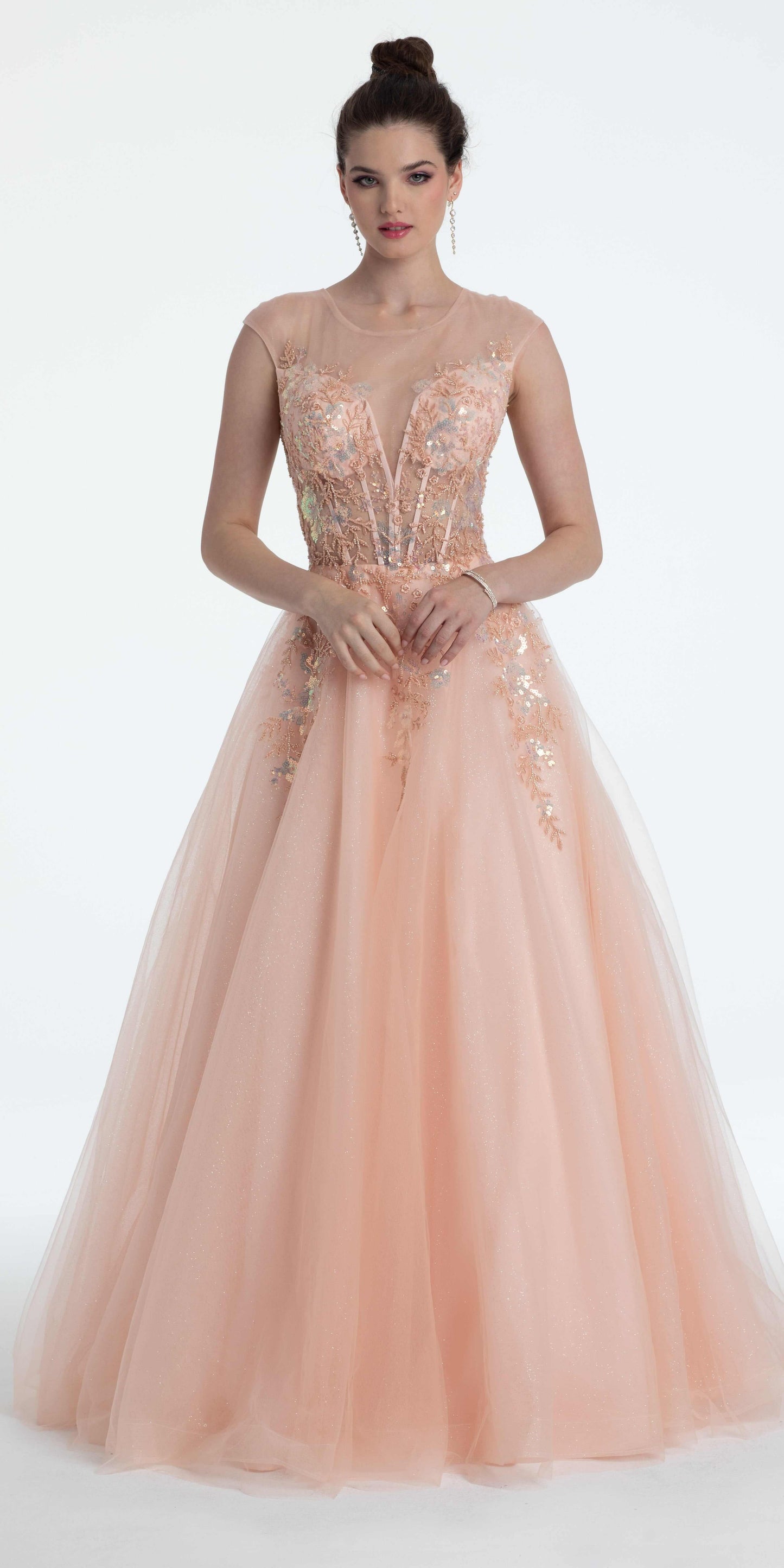 Camille La Vie/ Sequin Embroidered Illusion Cap Sleeve Corset Ballgown /missy /size/ 0/ blush front
