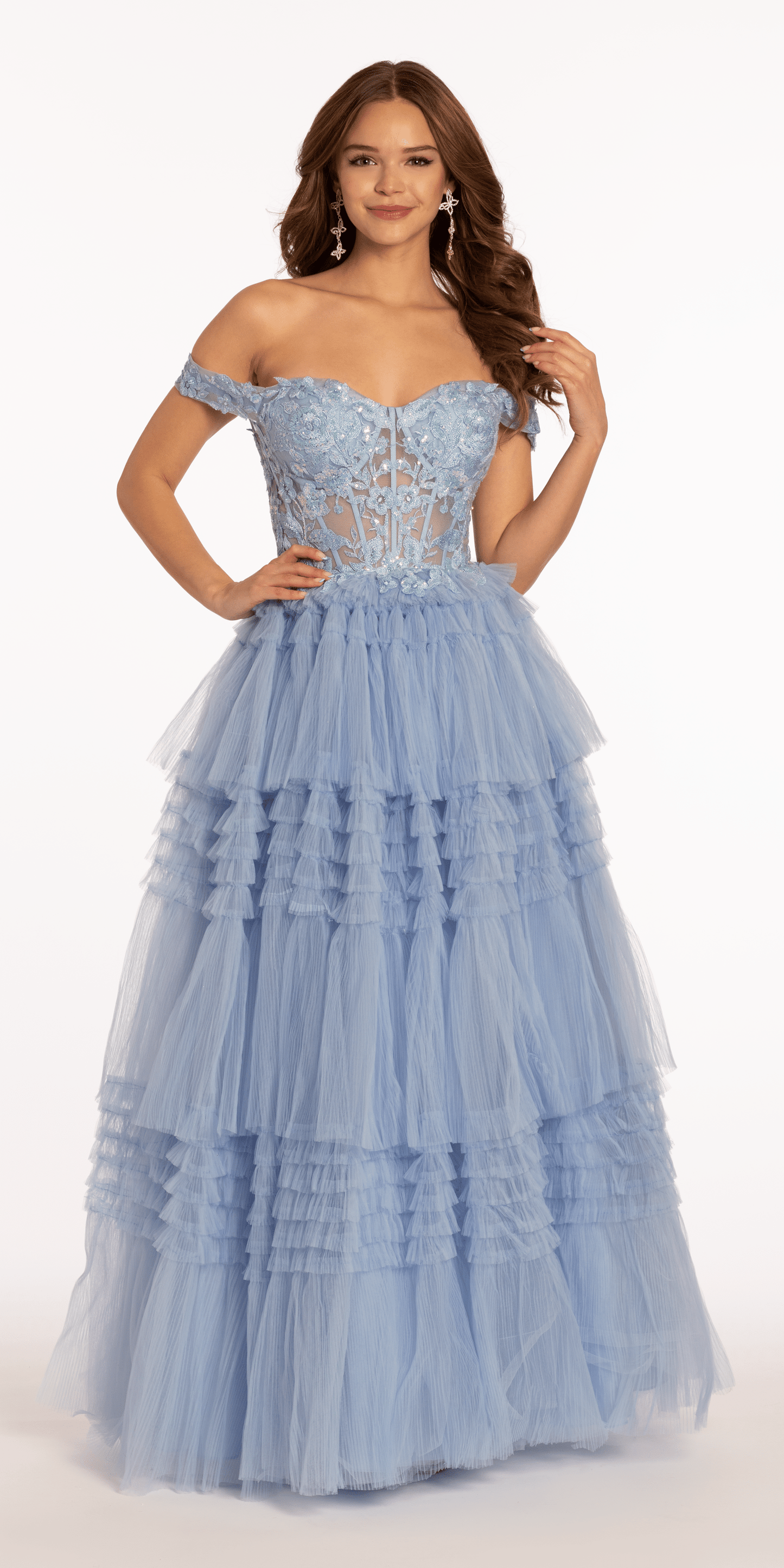 Camille La Vie/ Off the Shoulder Mesh Applique Tiered Ballgown/ missy/ size /2/ baby blue/front