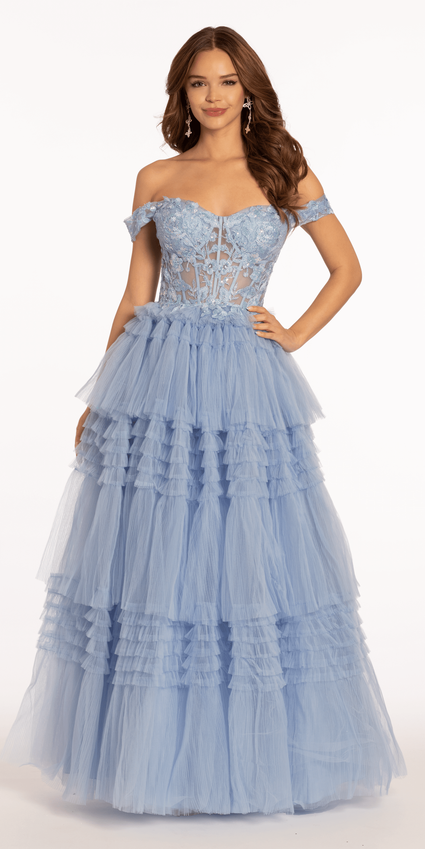 Camille La Vie Off the Shoulder Mesh Applique Tiered Ballgown
