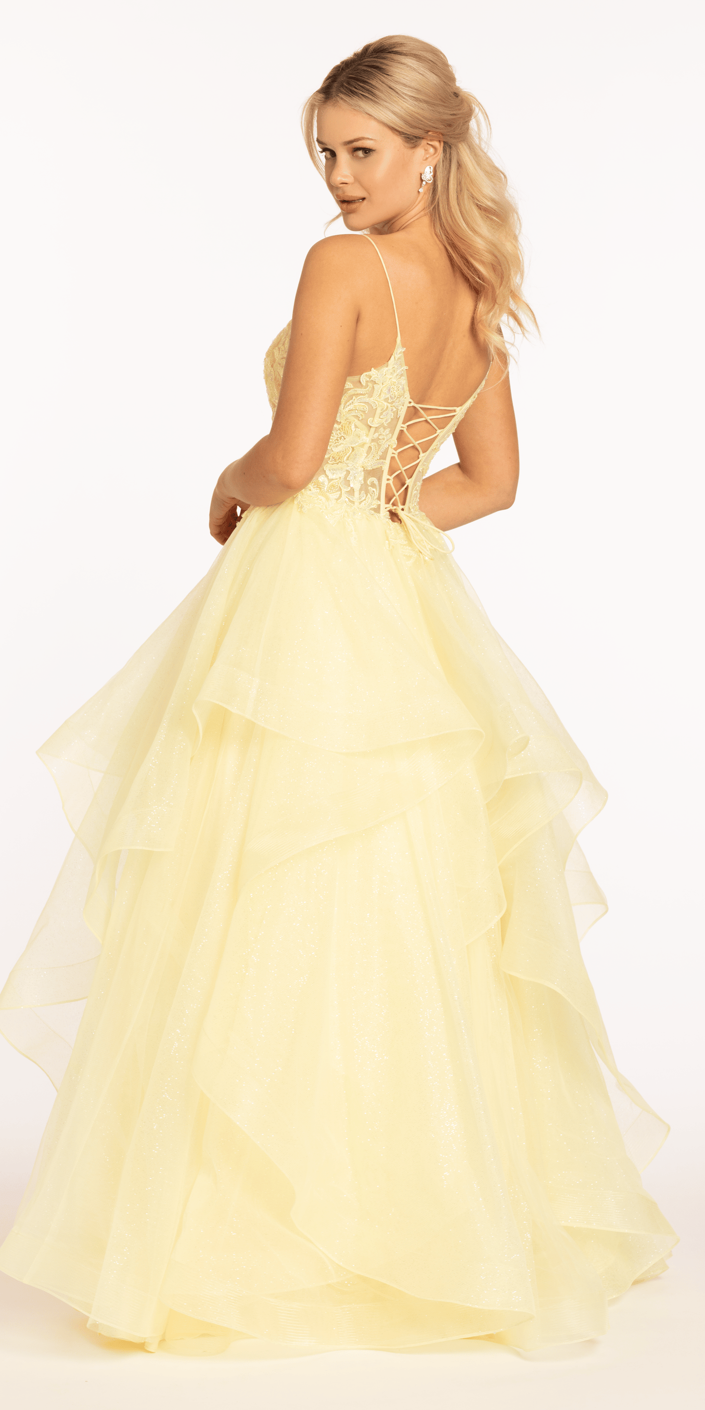 Embellished Plunging Glitter Tulle Corset Tiered Ballgown - Camille La Vie
