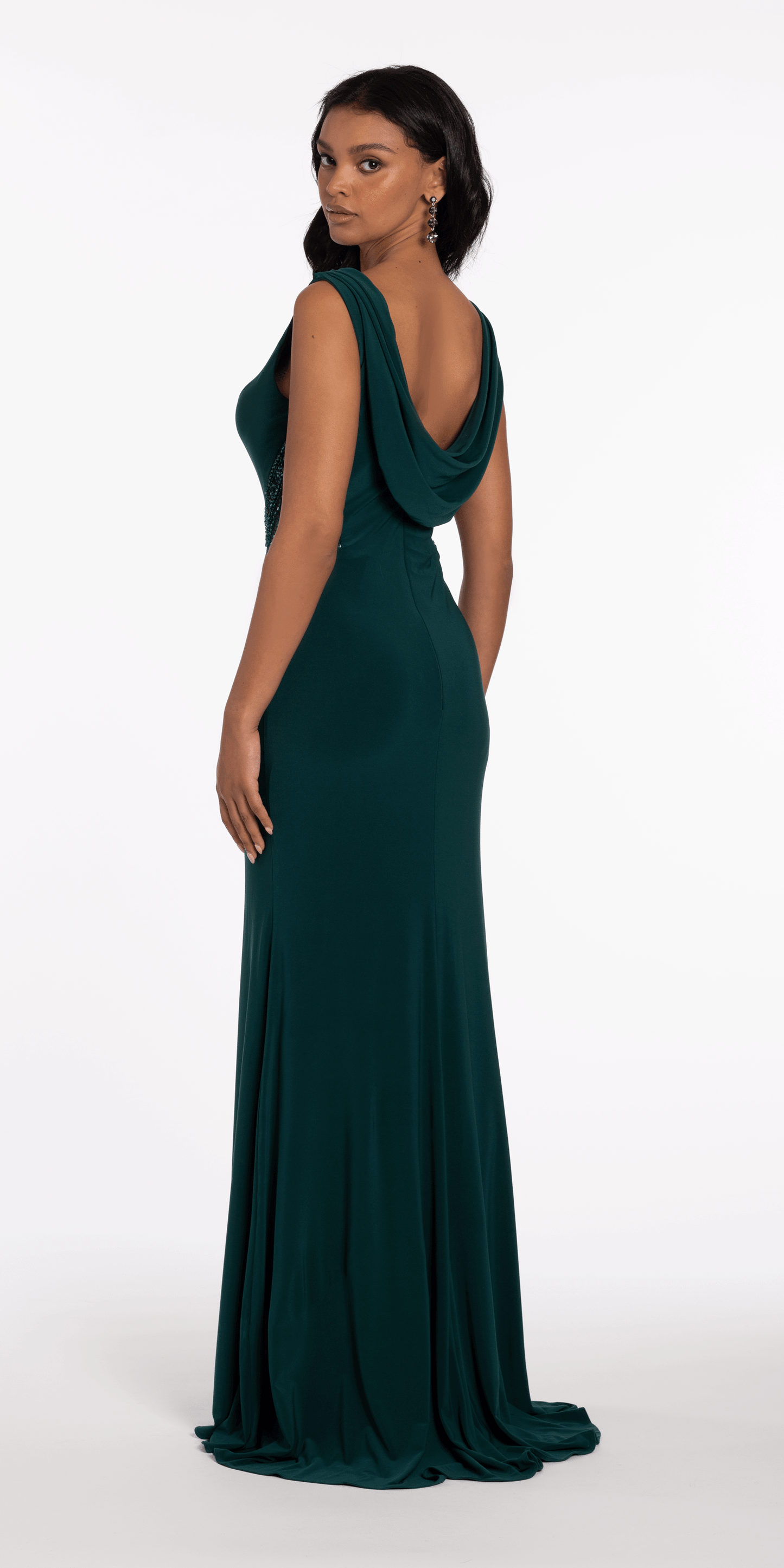 Camille La Vie /Jersey Drape Back Column Dress with Beaded Side Panels /missy / size/2 / hunter green/back alt