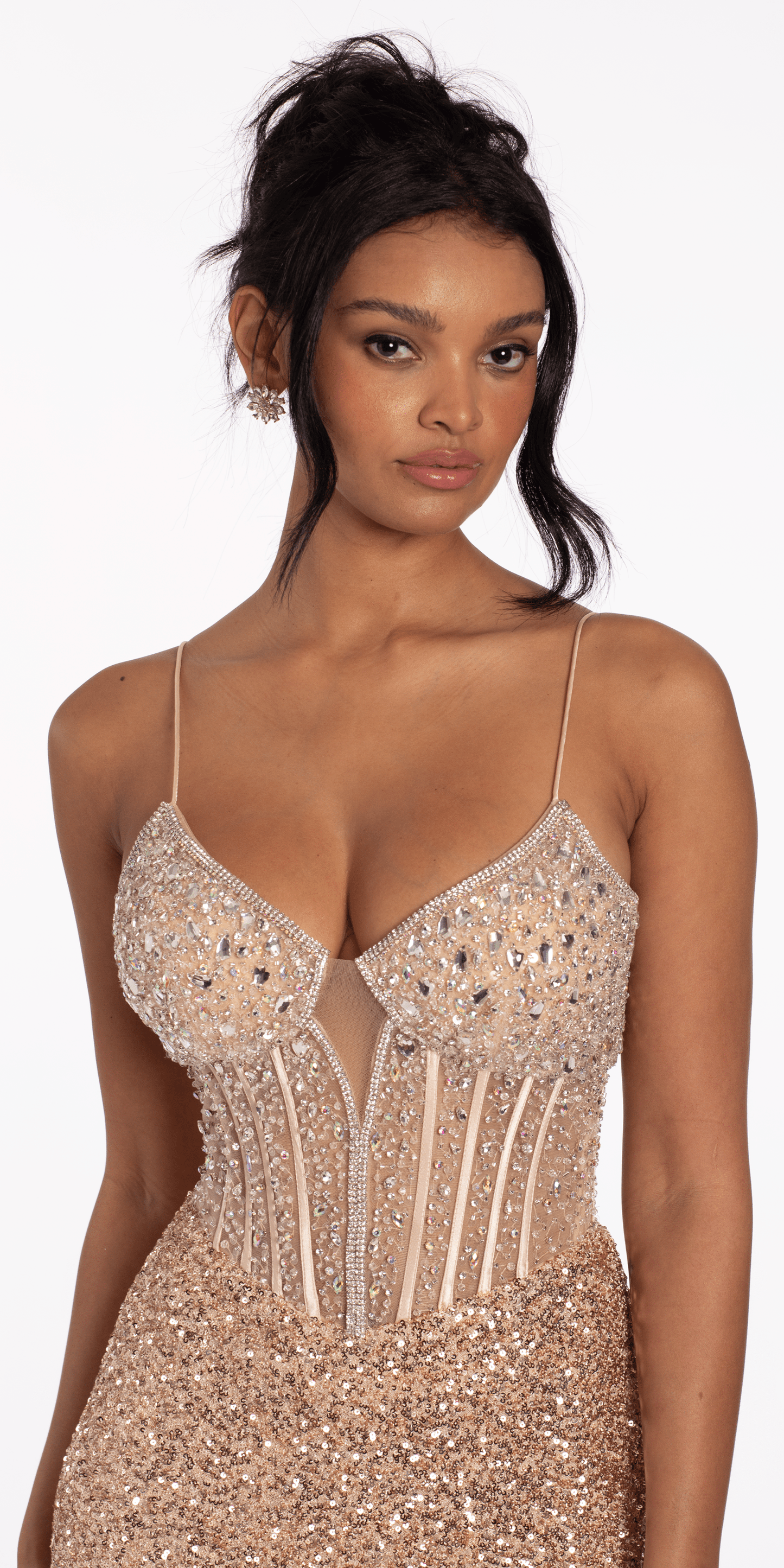 Camille La Vie/ Stretch Sequin and Crystal Sweetheart Corset Column Dress/ missy /size/ 0/ champagne/close up