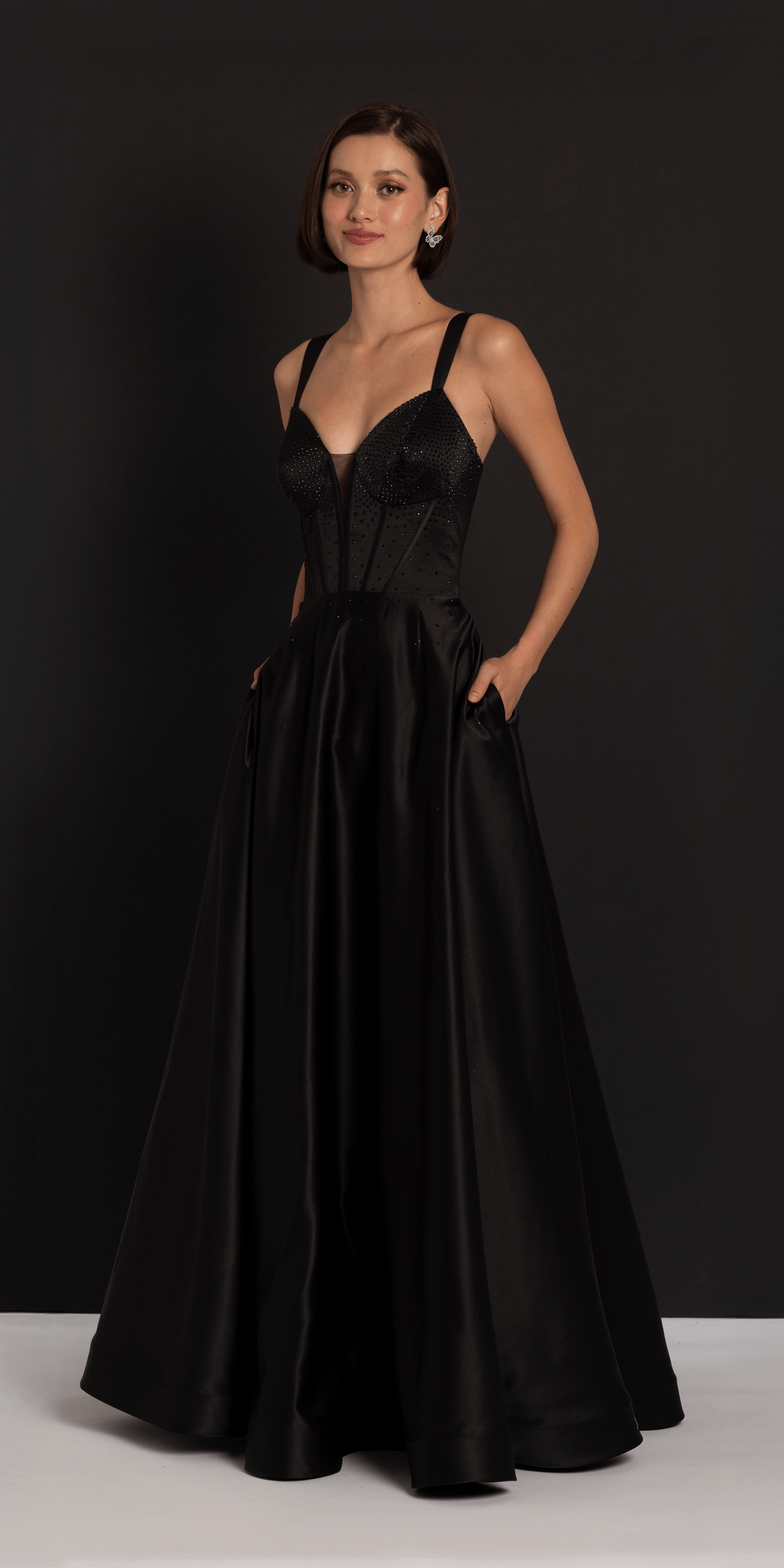 Camille La Vie Beaded Satin Sweetheart Corset A Line Dress with Pockets