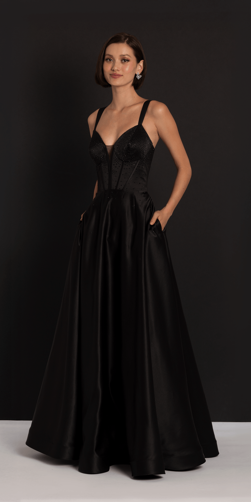 Beaded Satin Sweetheart Corset A Line Dress with Pockets Image 3