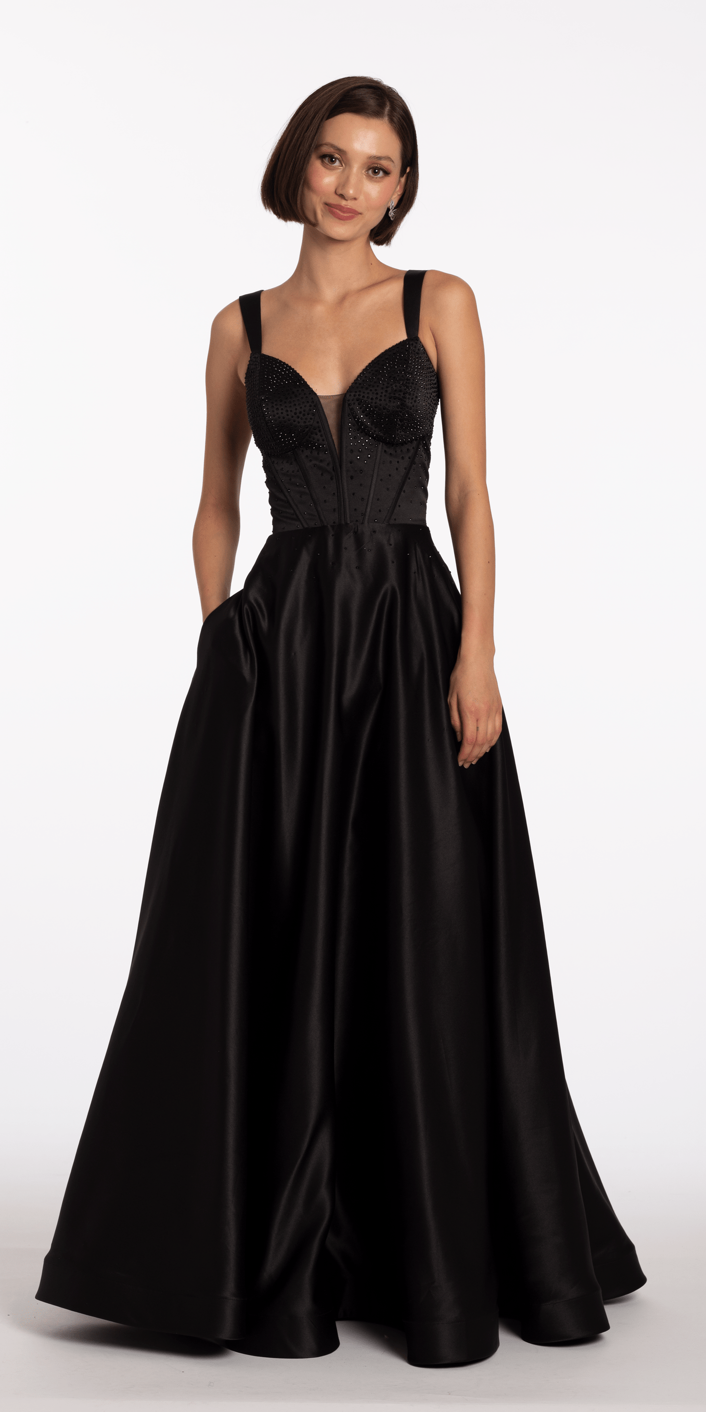 Camille La Vie /Beaded Satin Sweetheart Corset A Line Dress with Pockets/ missy /size/ 2 / black/front alt