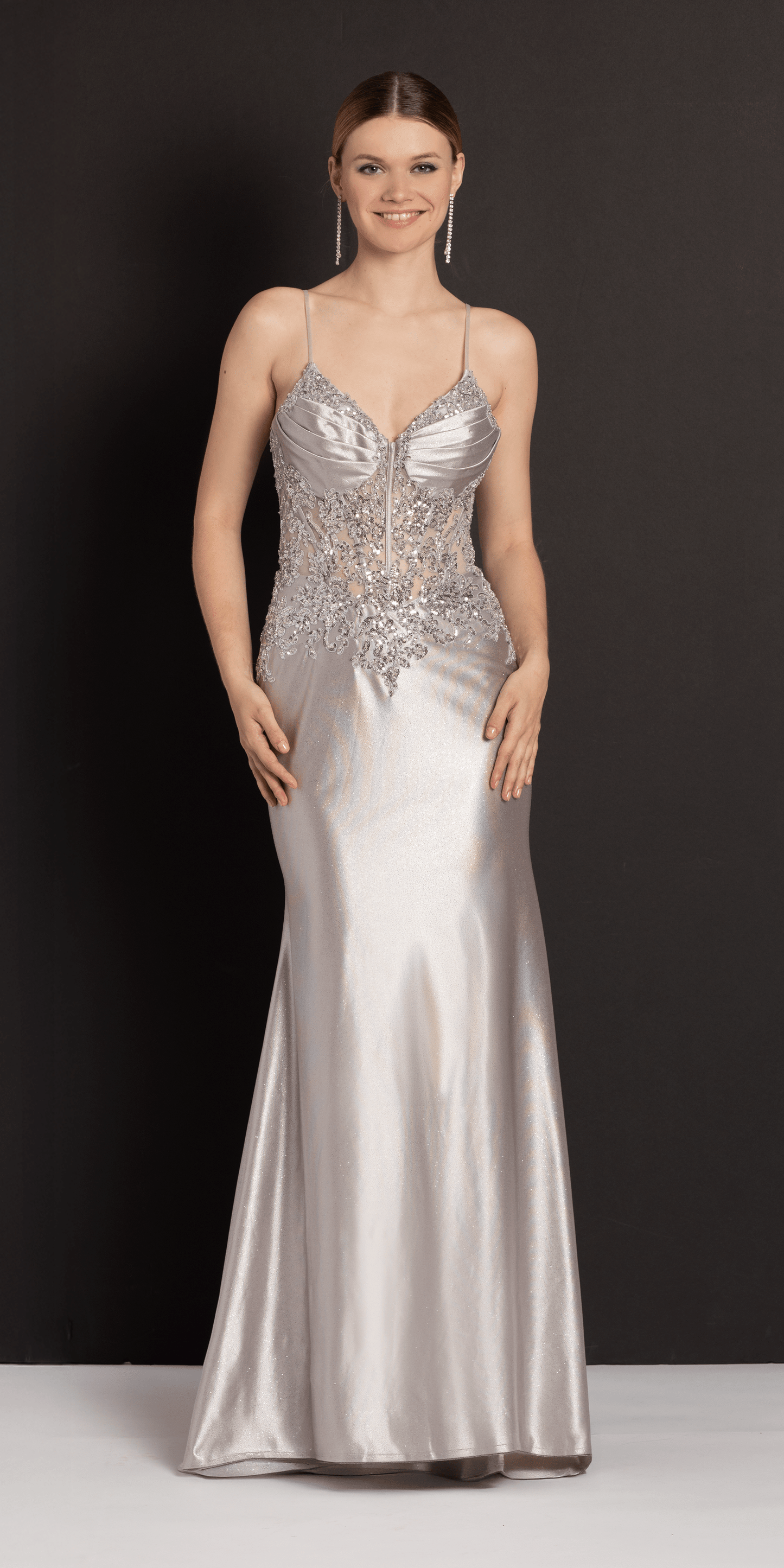 Camille La Vie Satin Embellished Pleated Sweetheart Glitter Column Dress