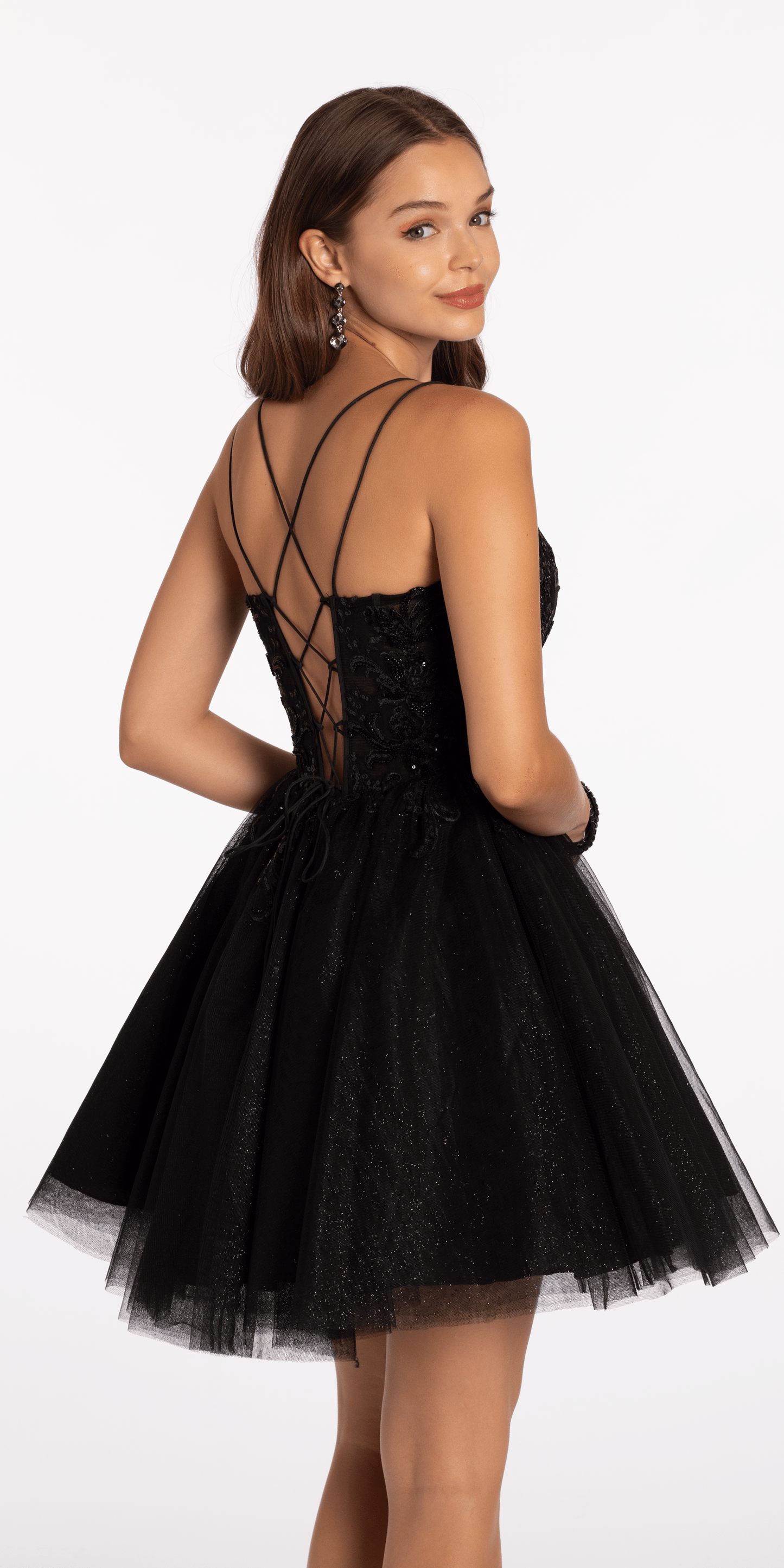 Camille La Vie Mesh Plunge Fit and Flare Dress with Beaded Appliques