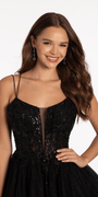 Mesh Plunge Fit and Flare Dress with Beaded Appliques Image 2