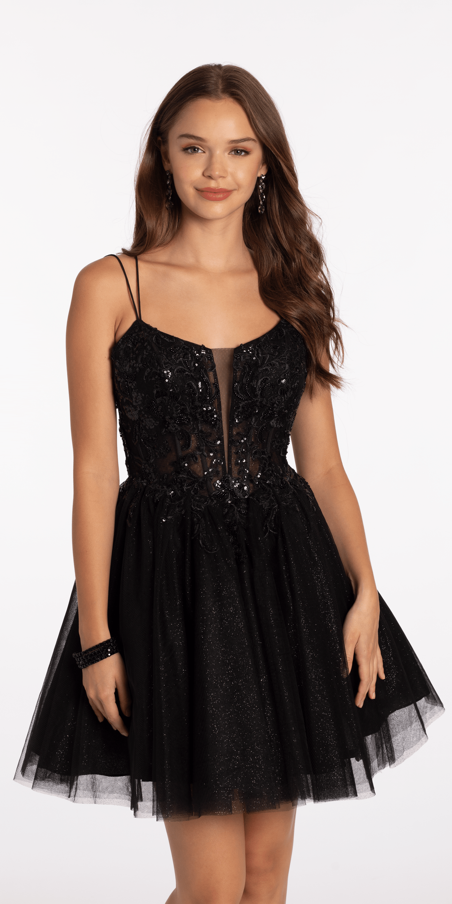 Camille La Vie Mesh Plunge Fit and Flare Dress with Beaded Appliques missy / 0 / black