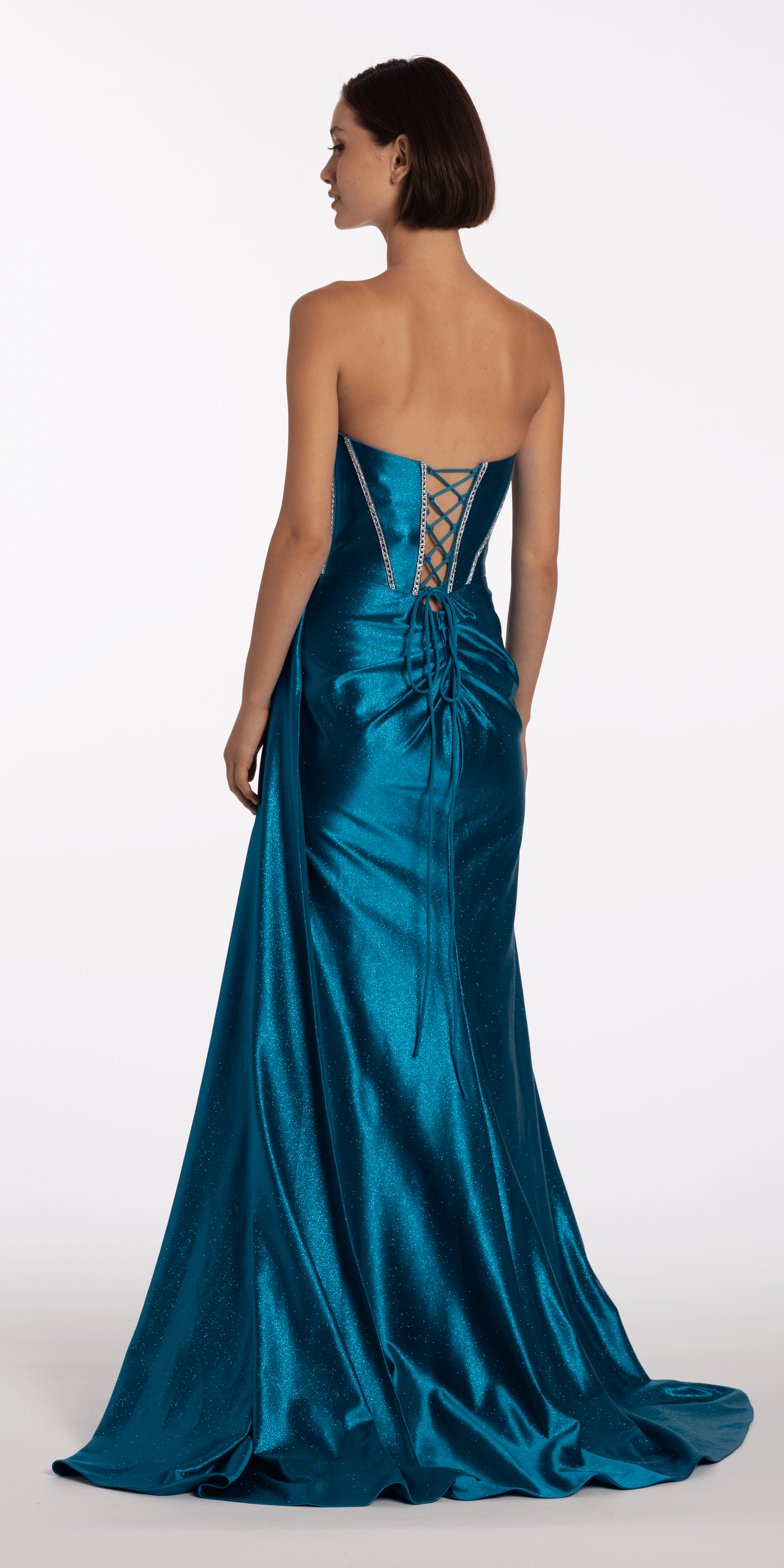 teal/size/0/missy/Camille La Vie/Satin Strapless Rhinestone A Line Dress with Peek-a-Boo Bodice/back