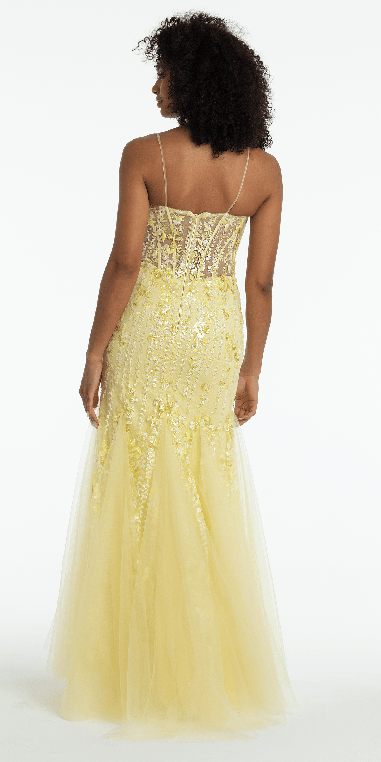 light-yellow/Size/4/ missy/Camille La Vie/Sequin V Neck Mesh Embroidered Mermaid Dress with Godets/back