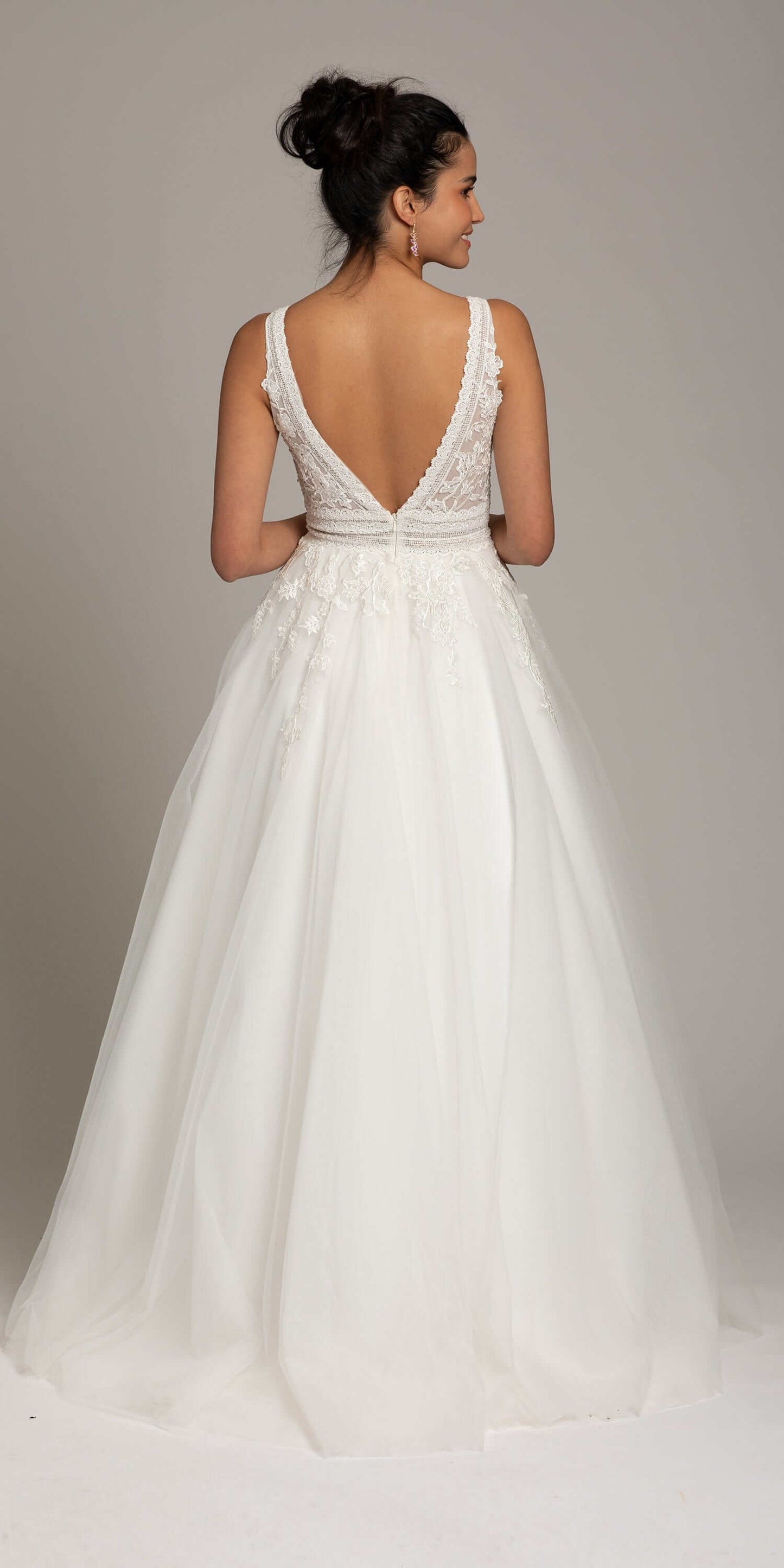 ivory/ Size 4/ missy/ Camille La Vie /Plunging Crochet Lace V Back Ballgown/back 1