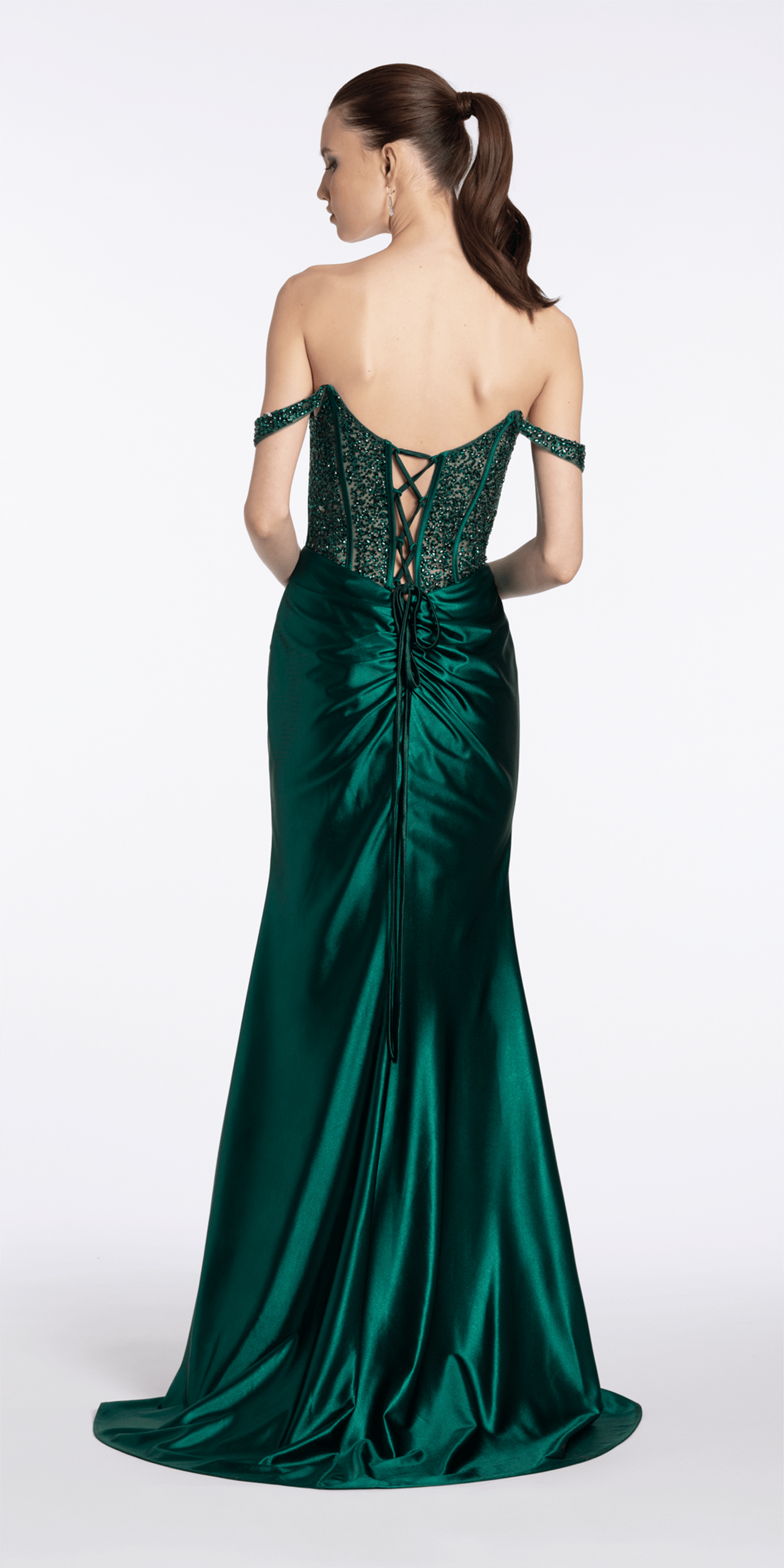 emerald/size/4/missy/Camille La Vie /Embellished Off the Shoulder Sateen Corset Dress with Ruching/back