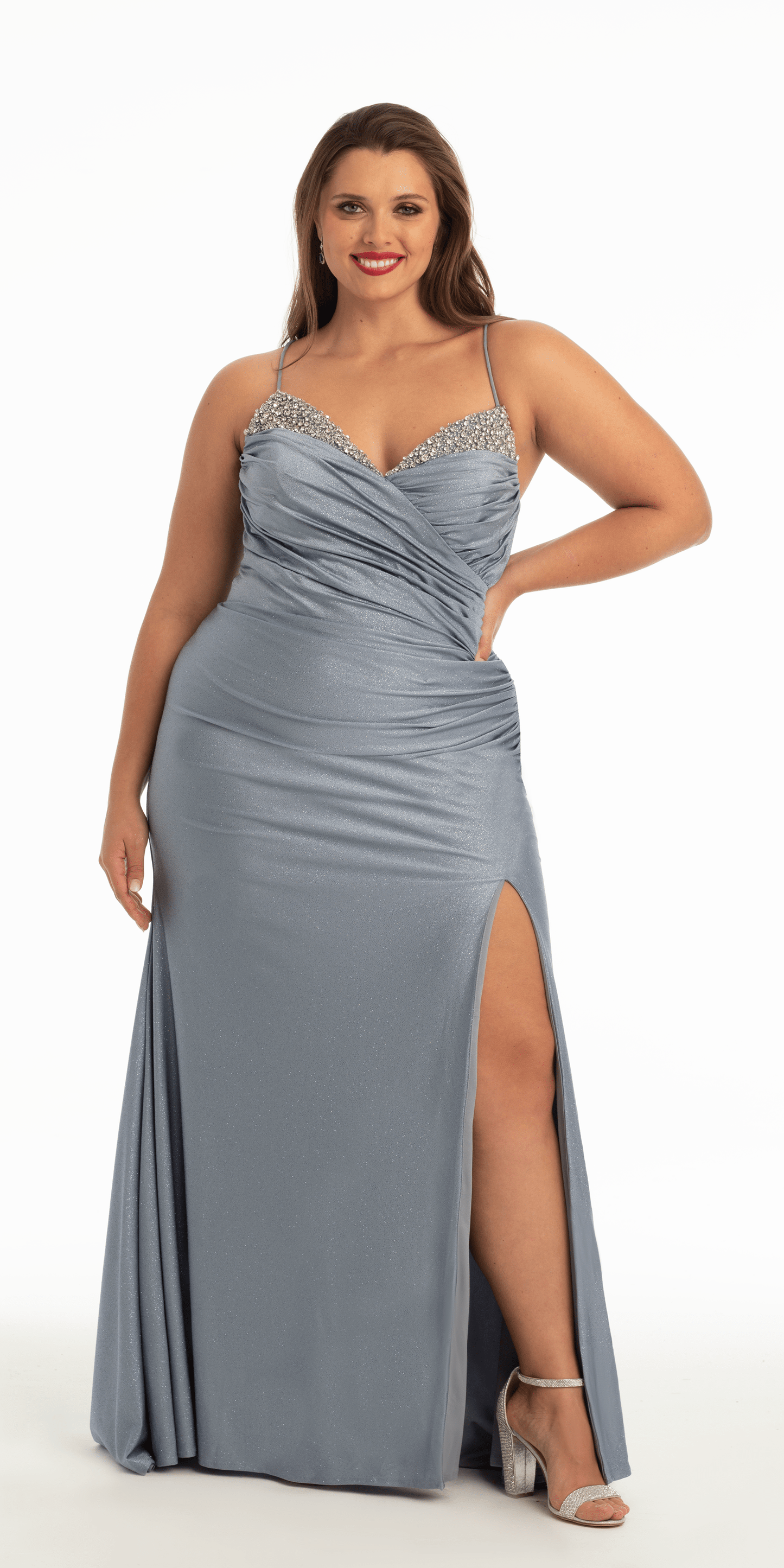 dusty-blue Size 14 plus Camille La Vie Glitter Sweetheart Lace Up Back Dress with Side Ruching