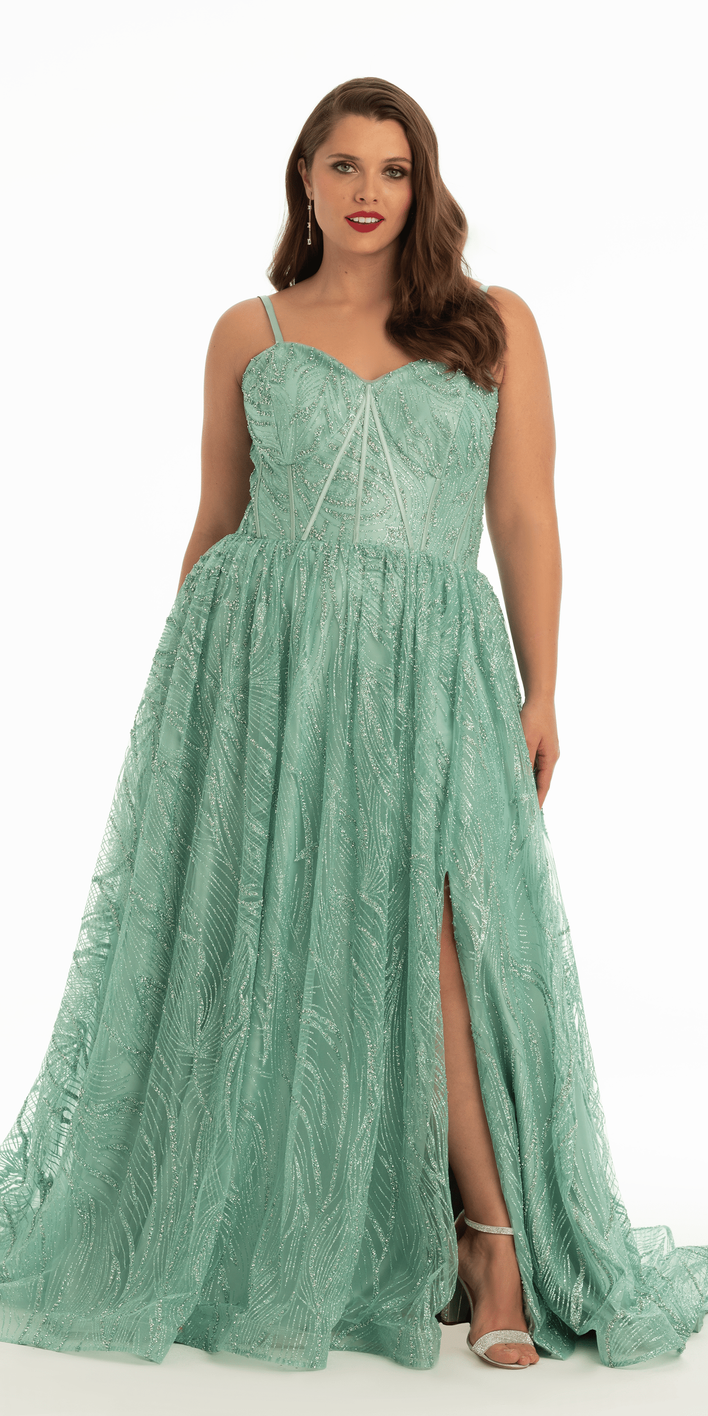 sage Size 0 petite Camille La Vie Glitter Sweetheart Corset A Line Dress with Side Slit