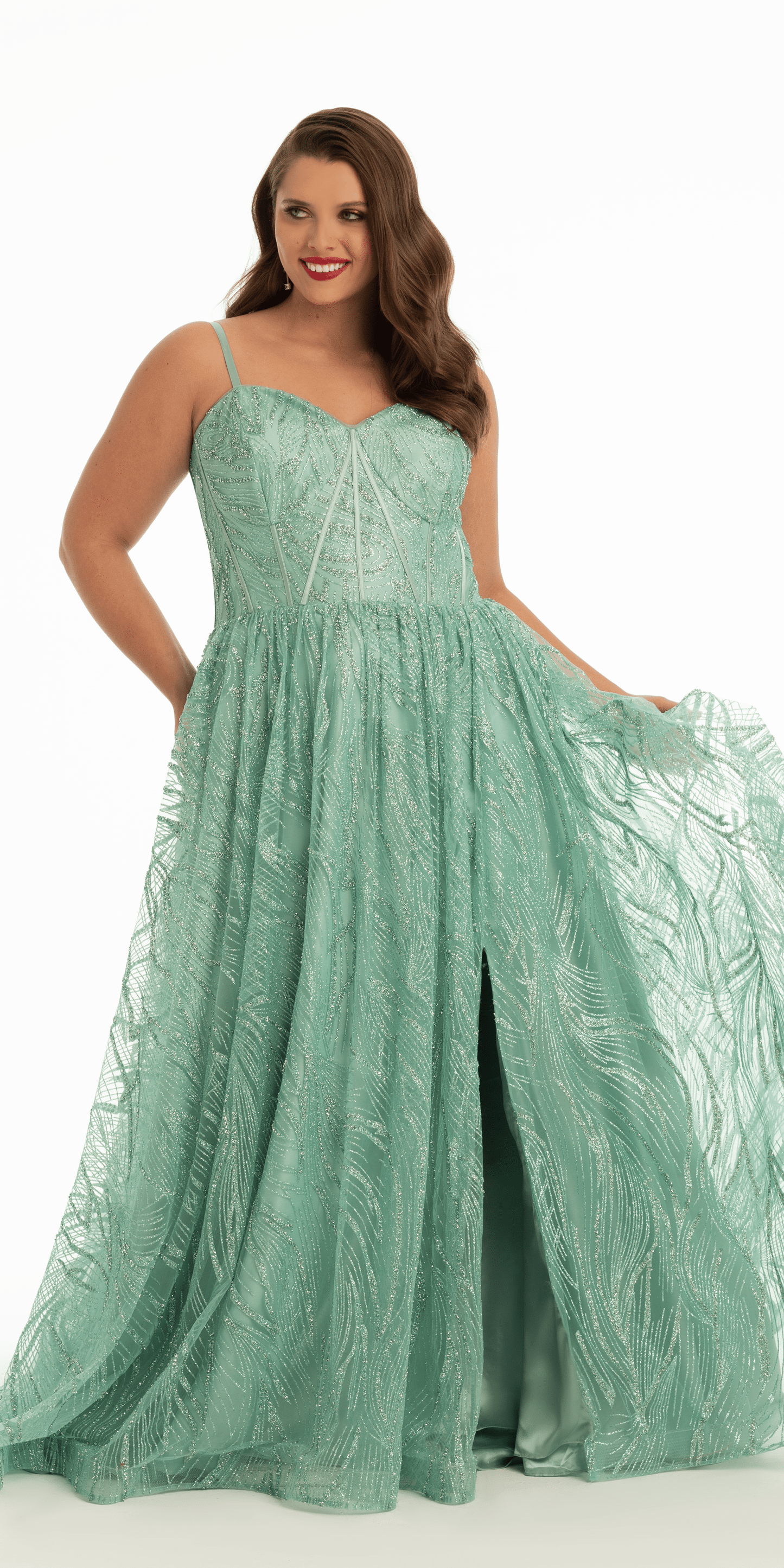 sage Size 0 petite Camille La Vie Glitter Sweetheart Corset A Line Dress with Side Slit