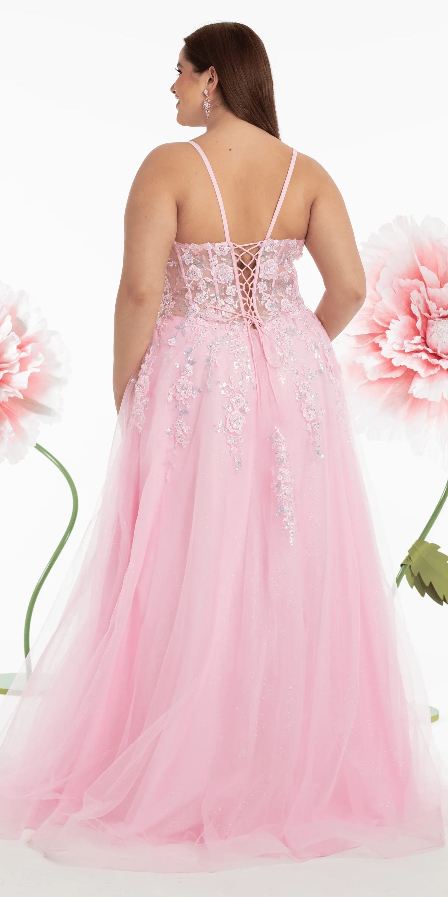 pink/size/14/plus/Camille La Vie/Sweetheart Plunging Mesh Corset Ballgown with Embellished Appliques /back