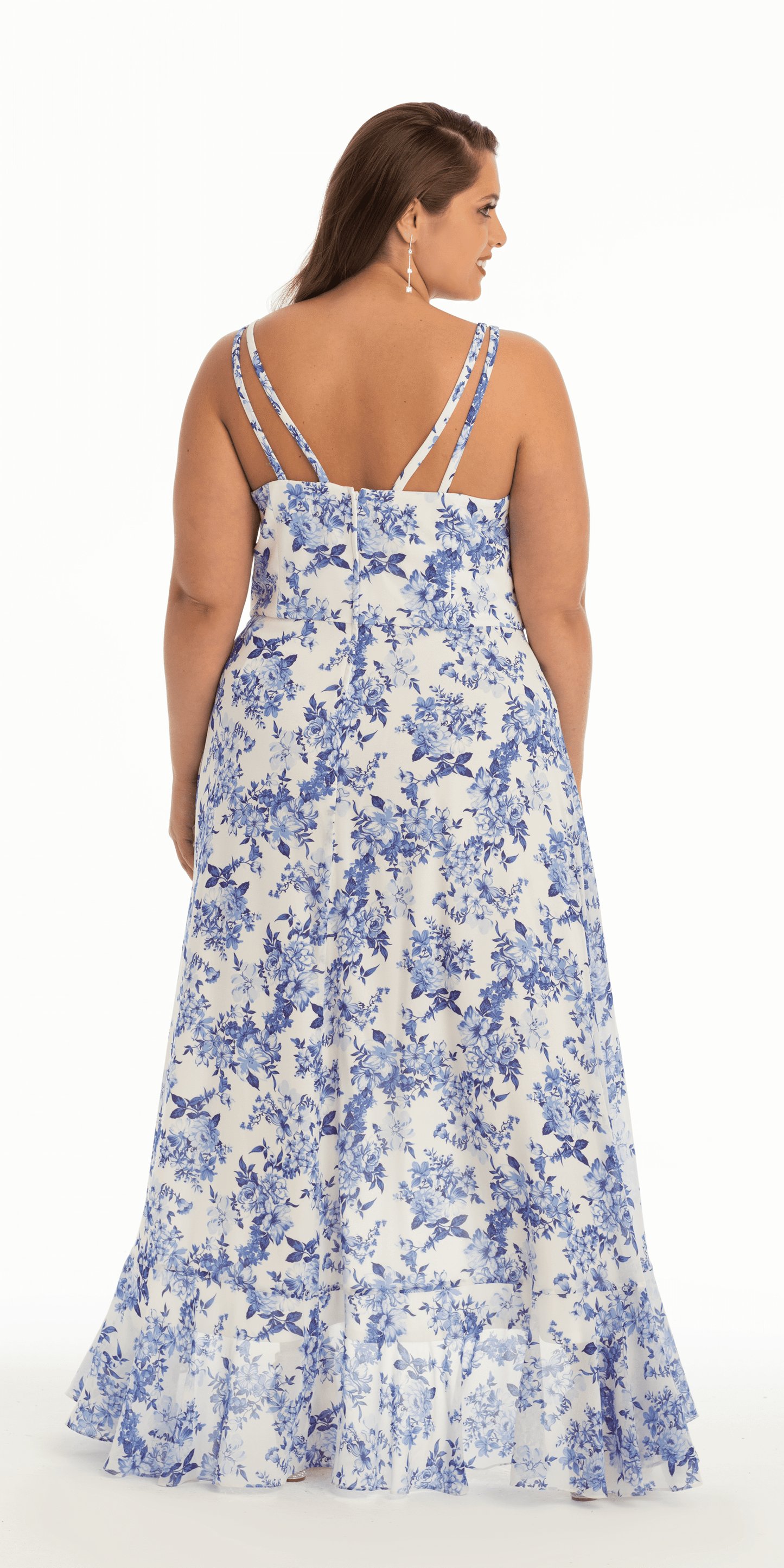 Camille La Vie /Ruffle High-Low Chiffon Floral Print Dress/ plus/size/14/white blue/back alt