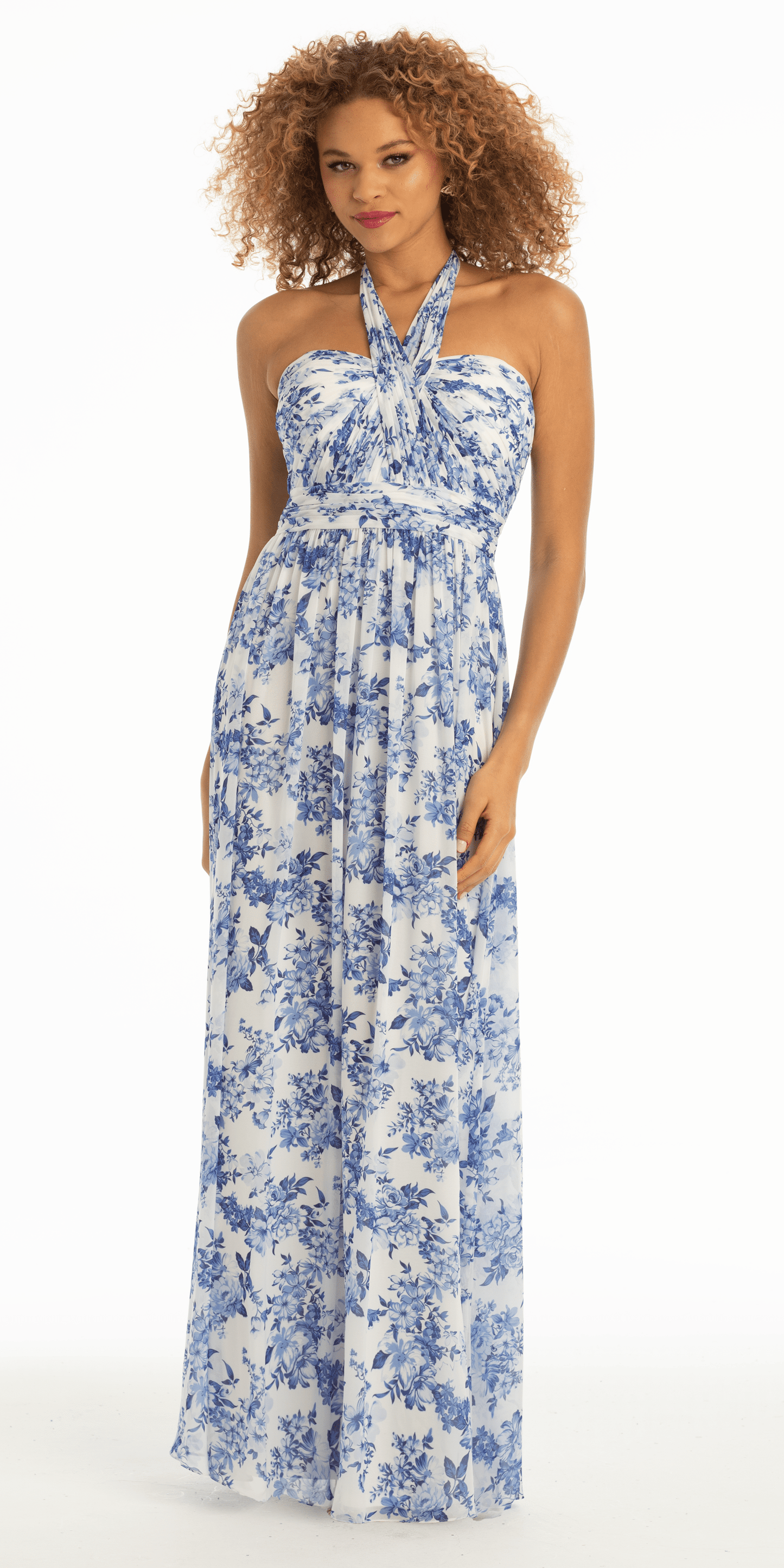 Camille La Vie /Floral Chiffon A Line Halter Dress/ missy/size/0/ white blue/alt