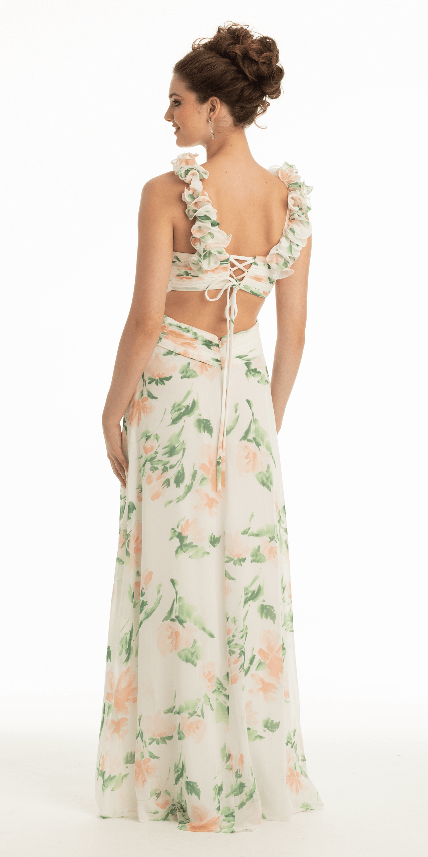 ivory-blush/size/2/missy/Camille La Vie/Chiffon Floral Print Ruffle Lace Up Back Dress/back