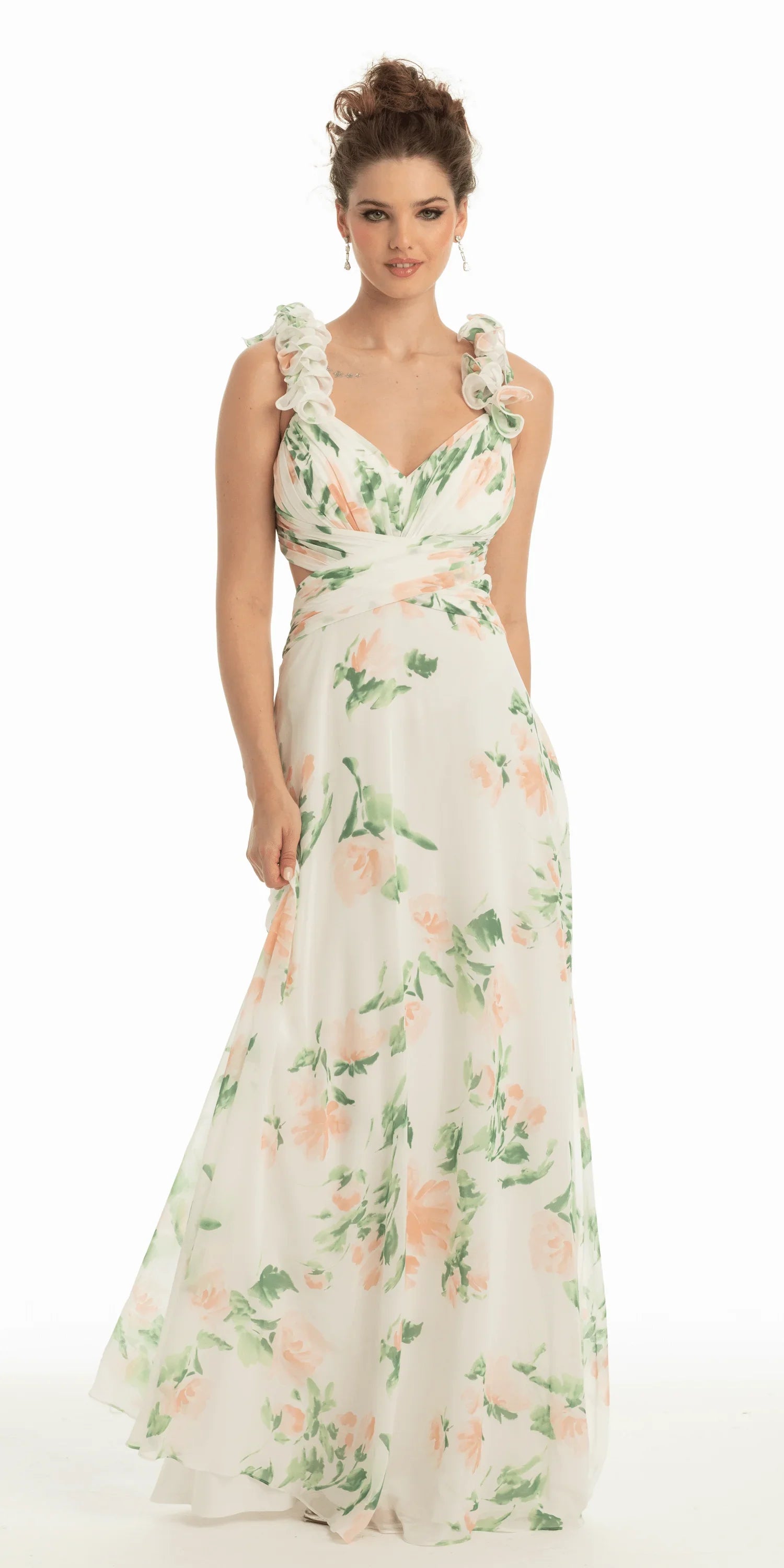 Chiffon Floral Print Ruffle Lace Up Back Dress – Camille La Vie