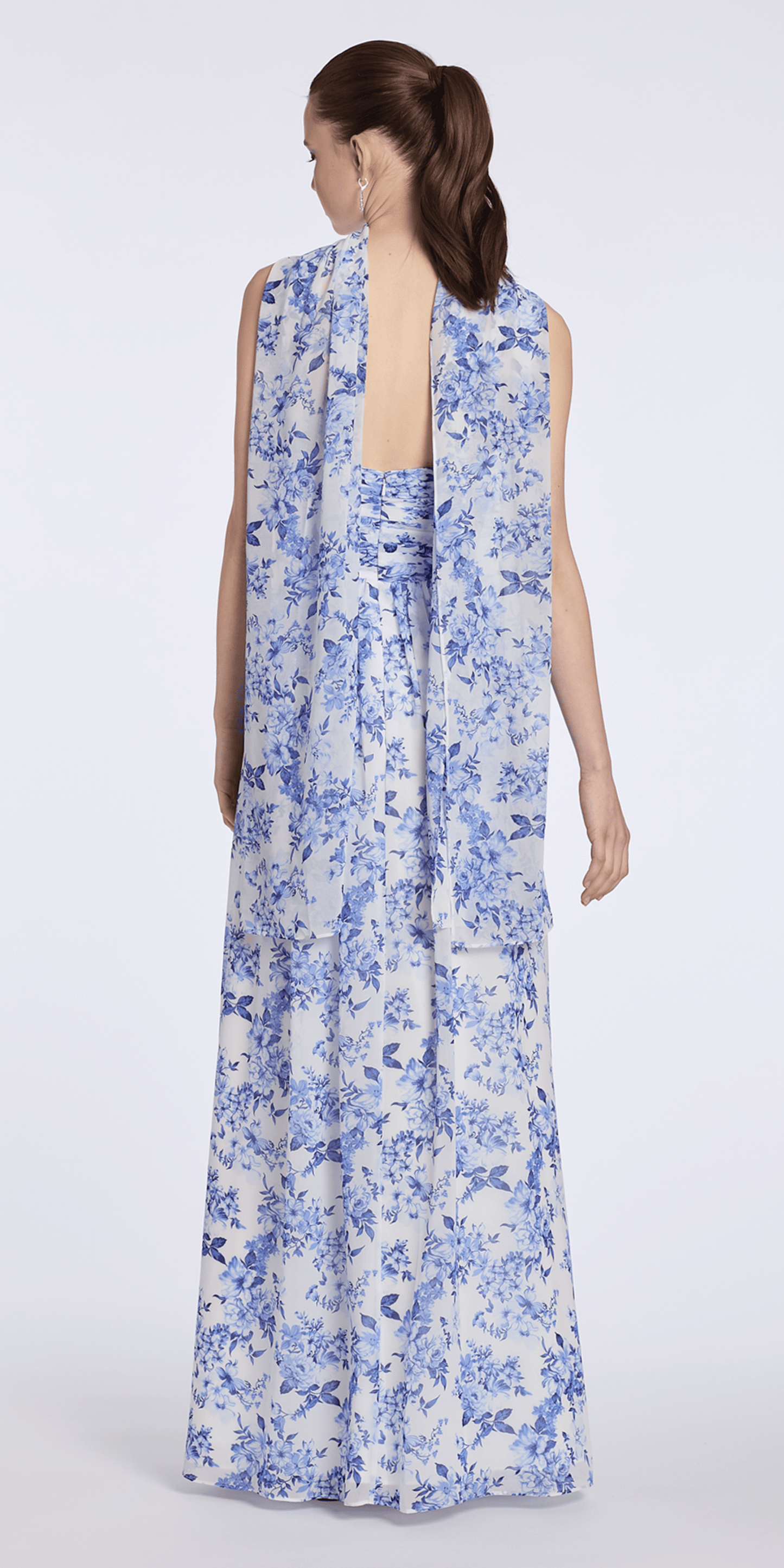 Camille La Vie Floral Print Strapless Chiffon Pleated Column Dress with Scarf