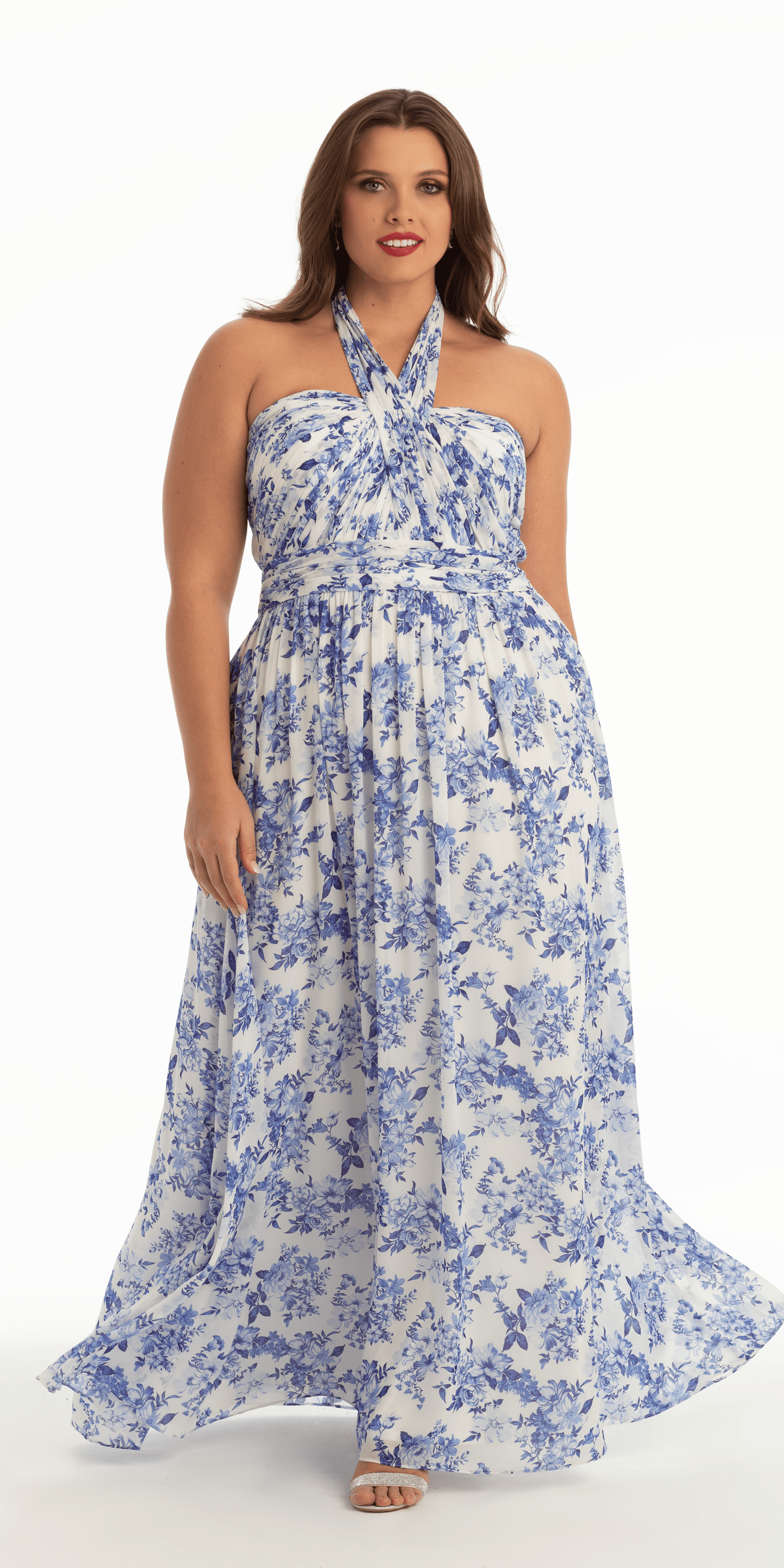 Camille La Vie /Floral Chiffon A Line Halter Dress/ plus/size/16/ white blue/front