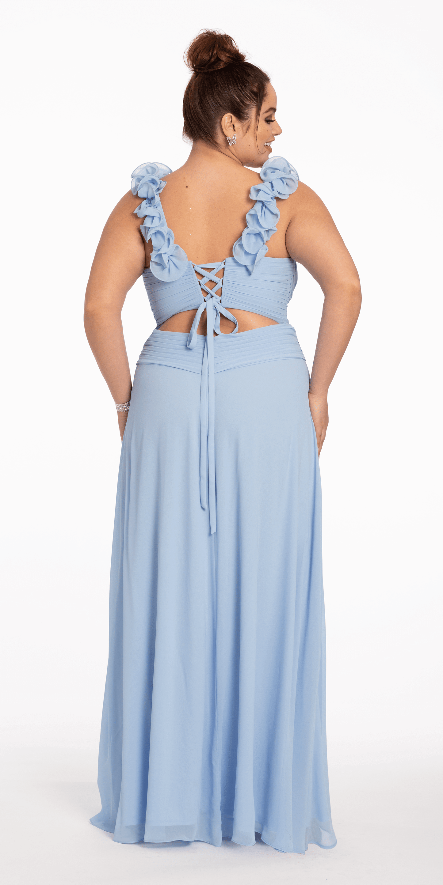 light-blue/size/14/plus/Camille La Vie/Chiffon Ruffle Shoulder Lace Up Back Column Dress/back