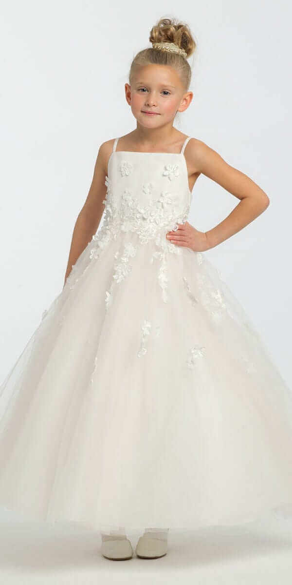 Satin Floral Applique Fit and Flare Flower Girl Dress